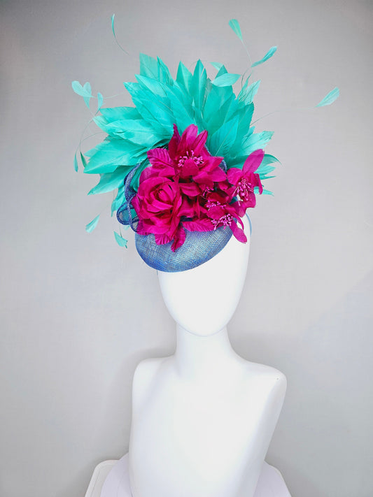 kentucky derby hat fascinator fuchsia magenta pink silk flowers with green feathers  light blue sinamay