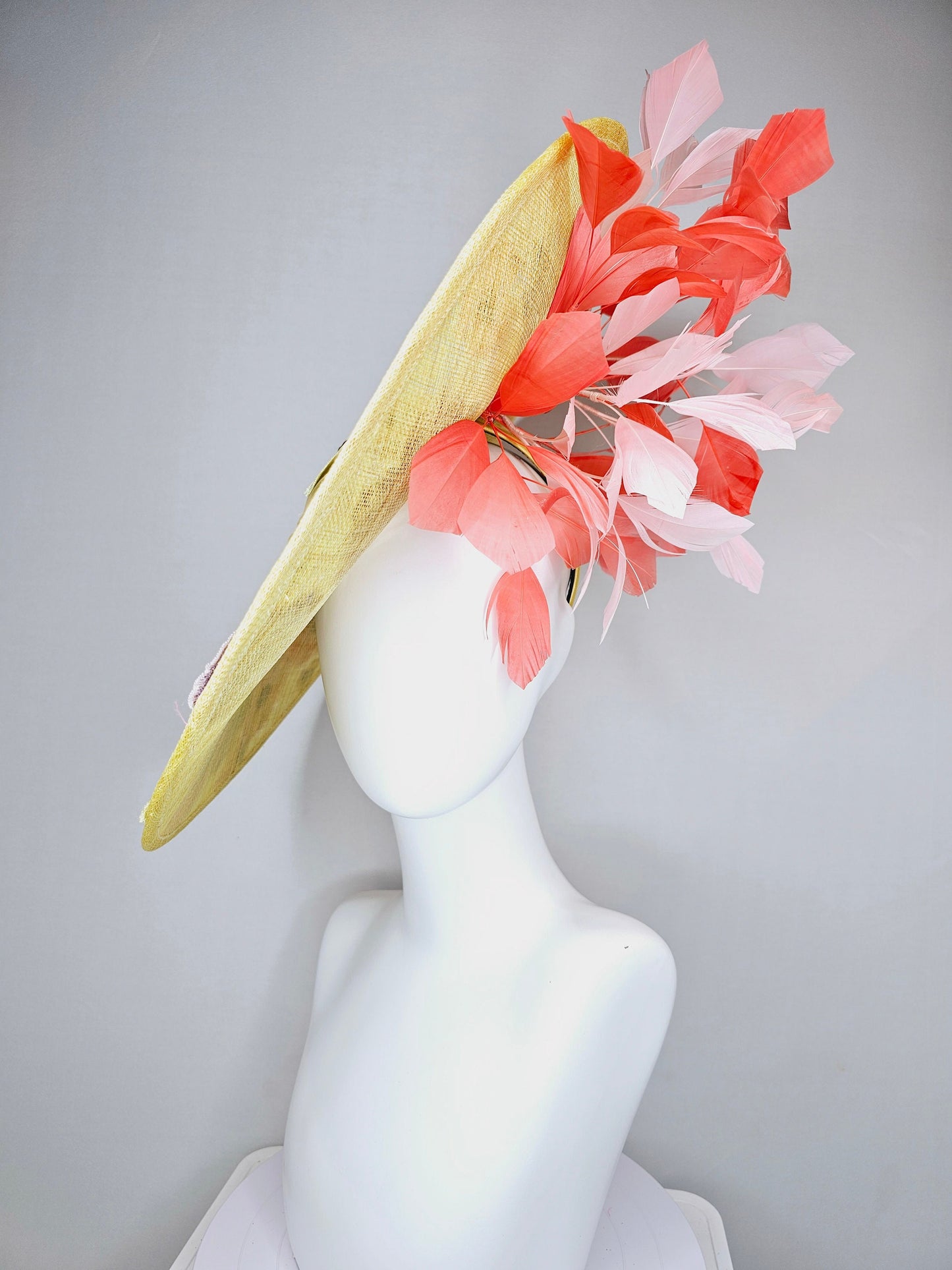 kentucky derby hat fascinator large yellow saucer sinamay rainbow red orange green pink embroidered flowers  pink coral branching feathers