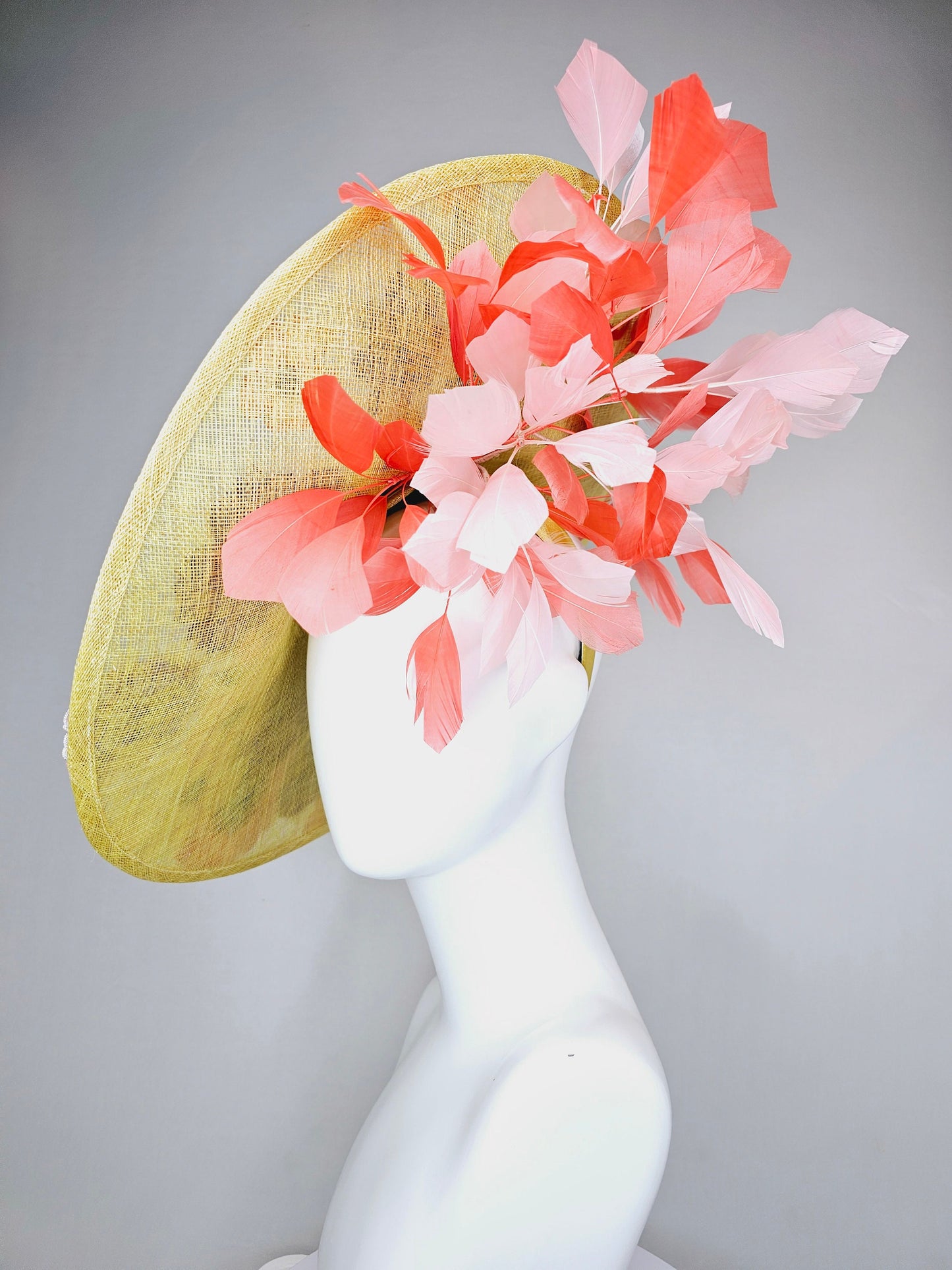 kentucky derby hat fascinator large yellow saucer sinamay rainbow red orange green pink embroidered flowers  pink coral branching feathers