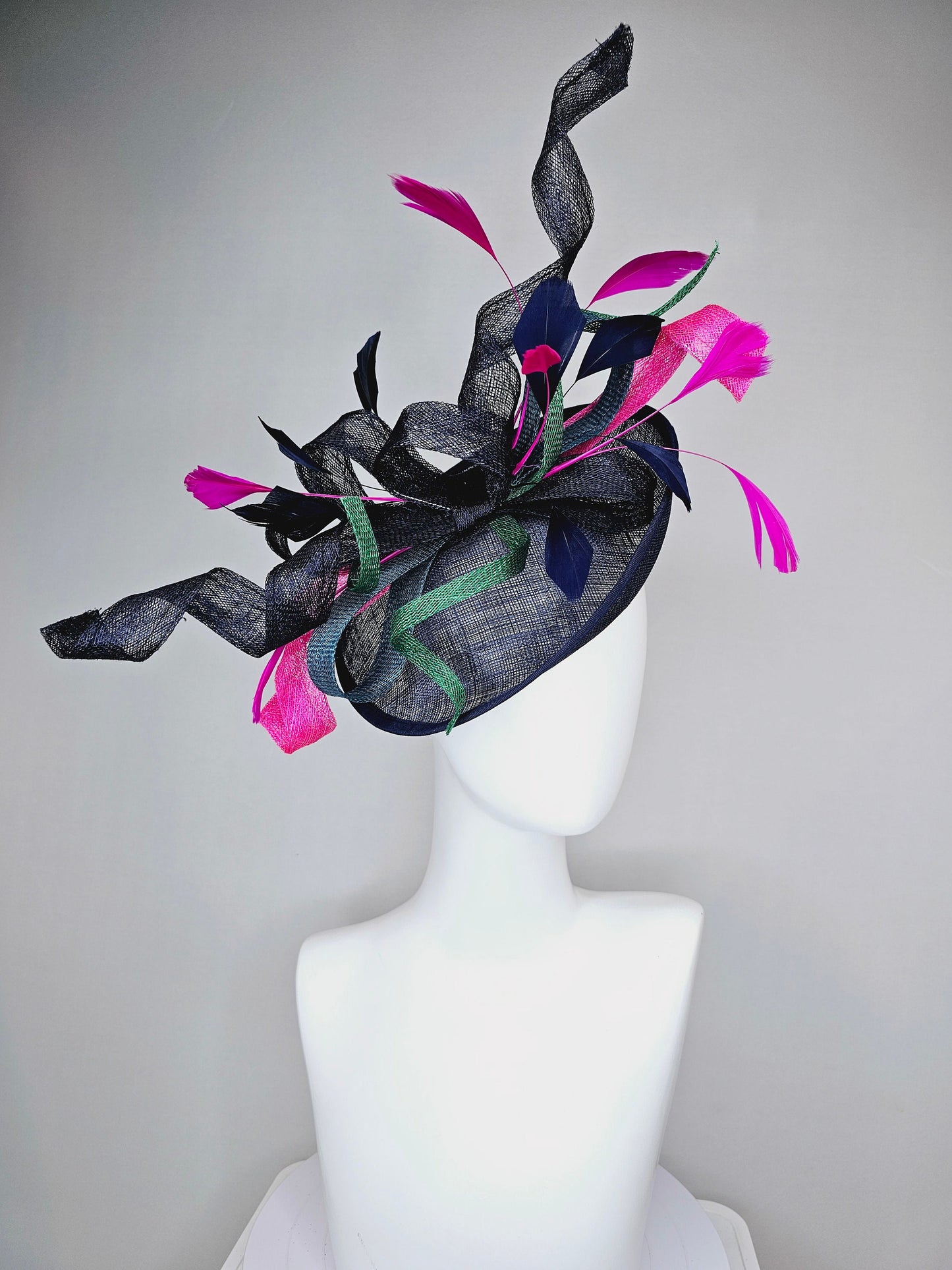 kentucky derby hat fascinator dark navy  sinamay with curls green blue sinamay curls pink feathers