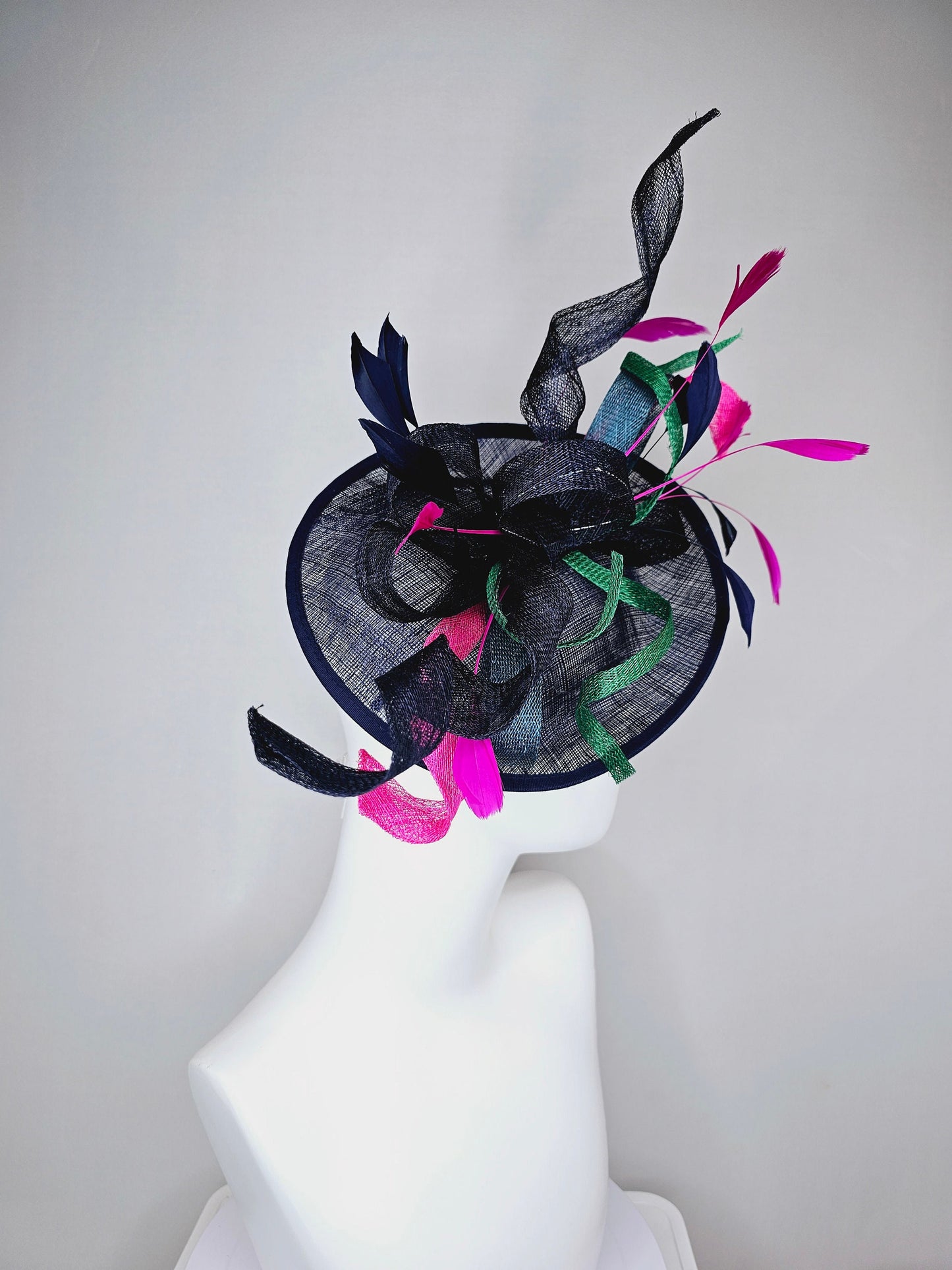 kentucky derby hat fascinator dark navy  sinamay with curls green blue sinamay curls pink feathers