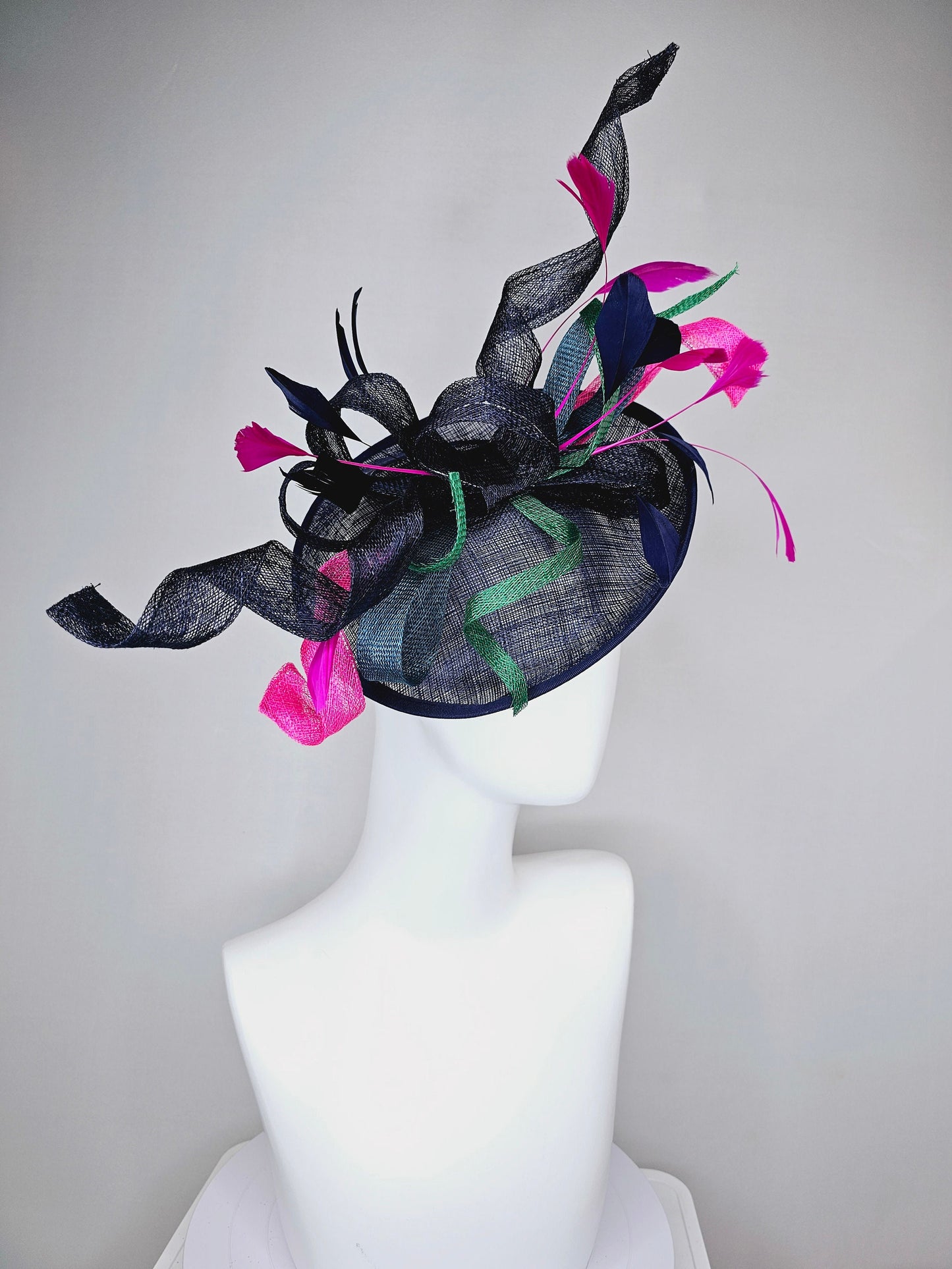 kentucky derby hat fascinator dark navy  sinamay with curls green blue sinamay curls pink feathers