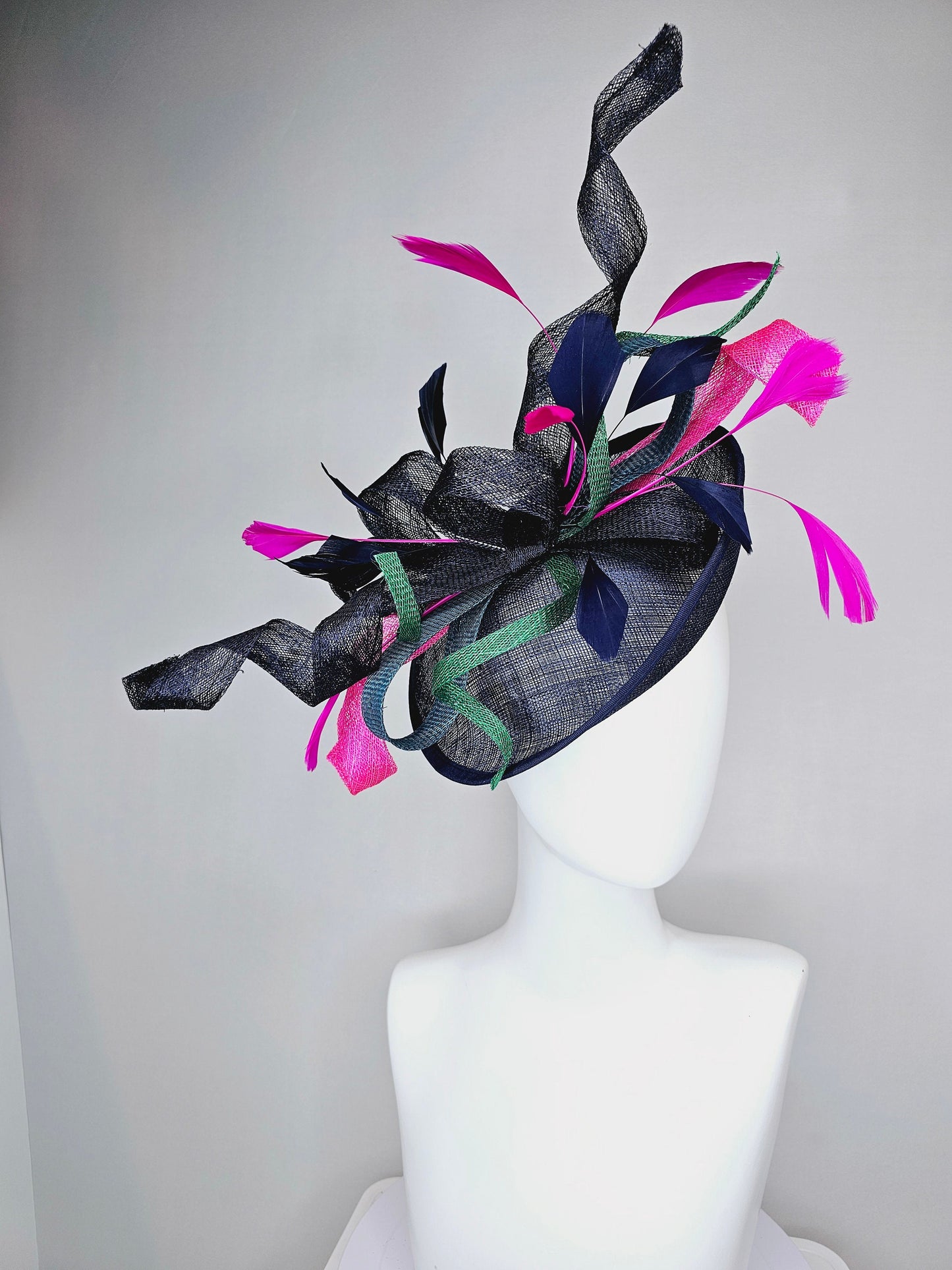 kentucky derby hat fascinator dark navy  sinamay with curls green blue sinamay curls pink feathers