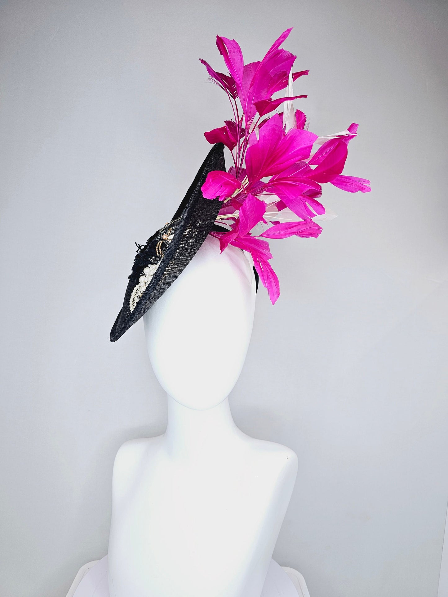 kentucky derby hat fascinator black sinamay saucer with beaded embroidered white black silver horse pink feathers