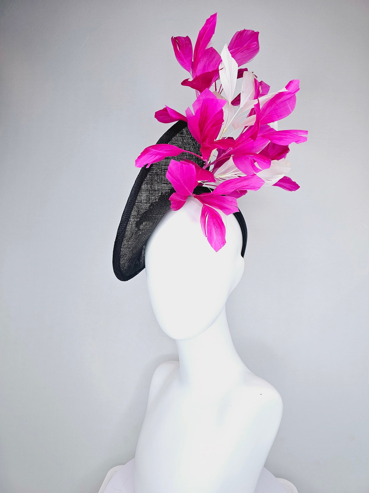 kentucky derby hat fascinator black sinamay saucer with beaded embroidered white black silver horse pink feathers