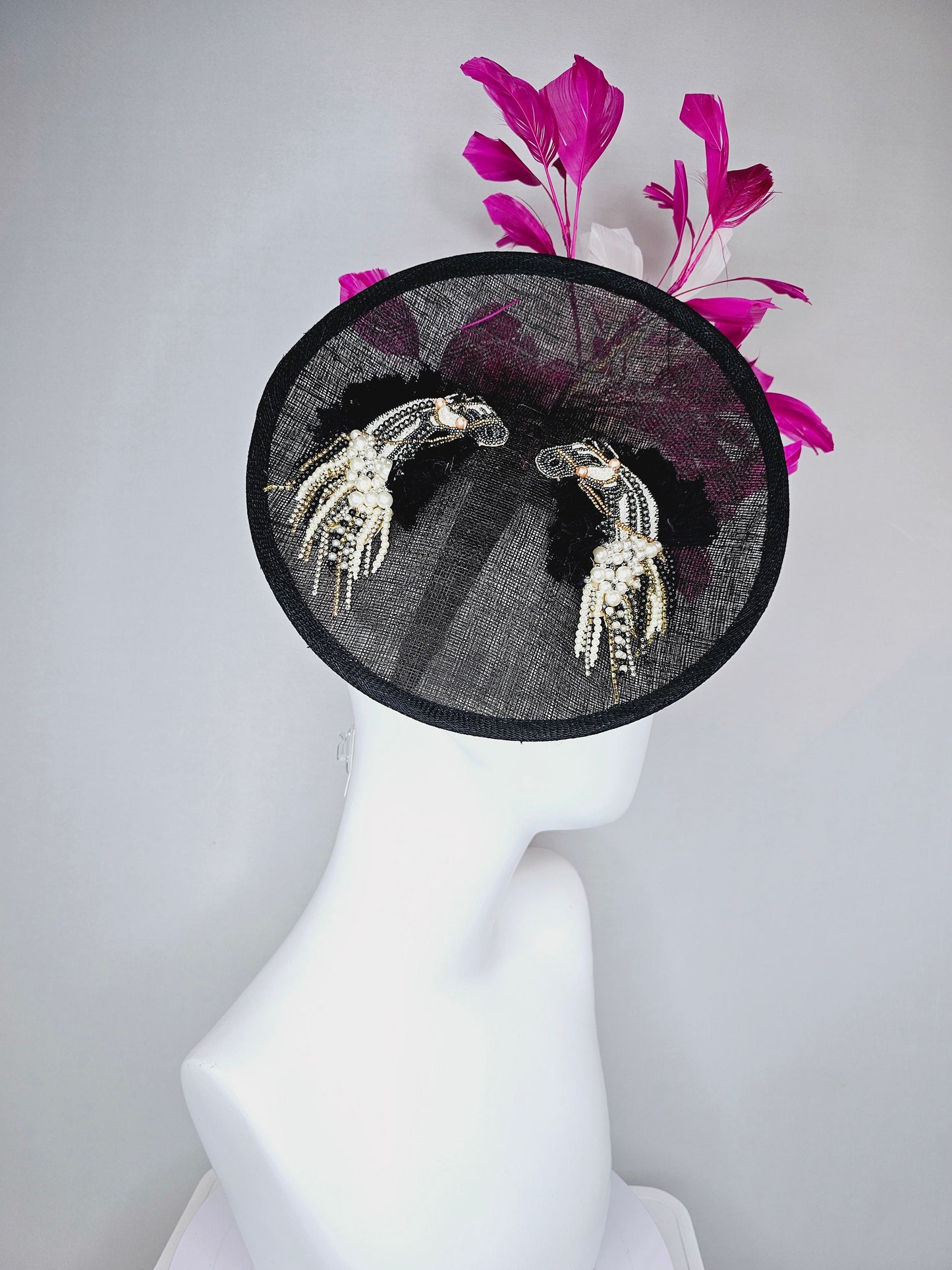 kentucky derby hat fascinator black sinamay saucer with beaded embroidered white black silver horse pink feathers