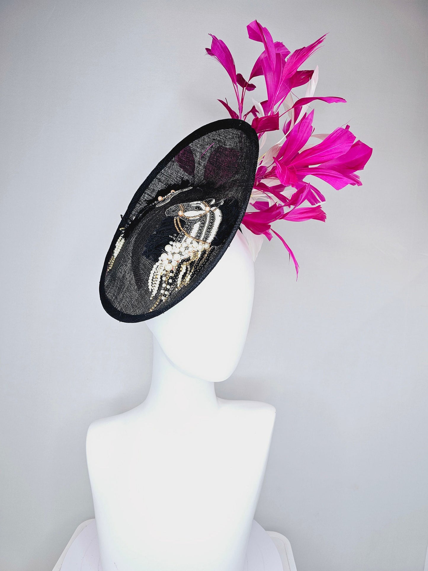 kentucky derby hat fascinator black sinamay saucer with beaded embroidered white black silver horse pink feathers