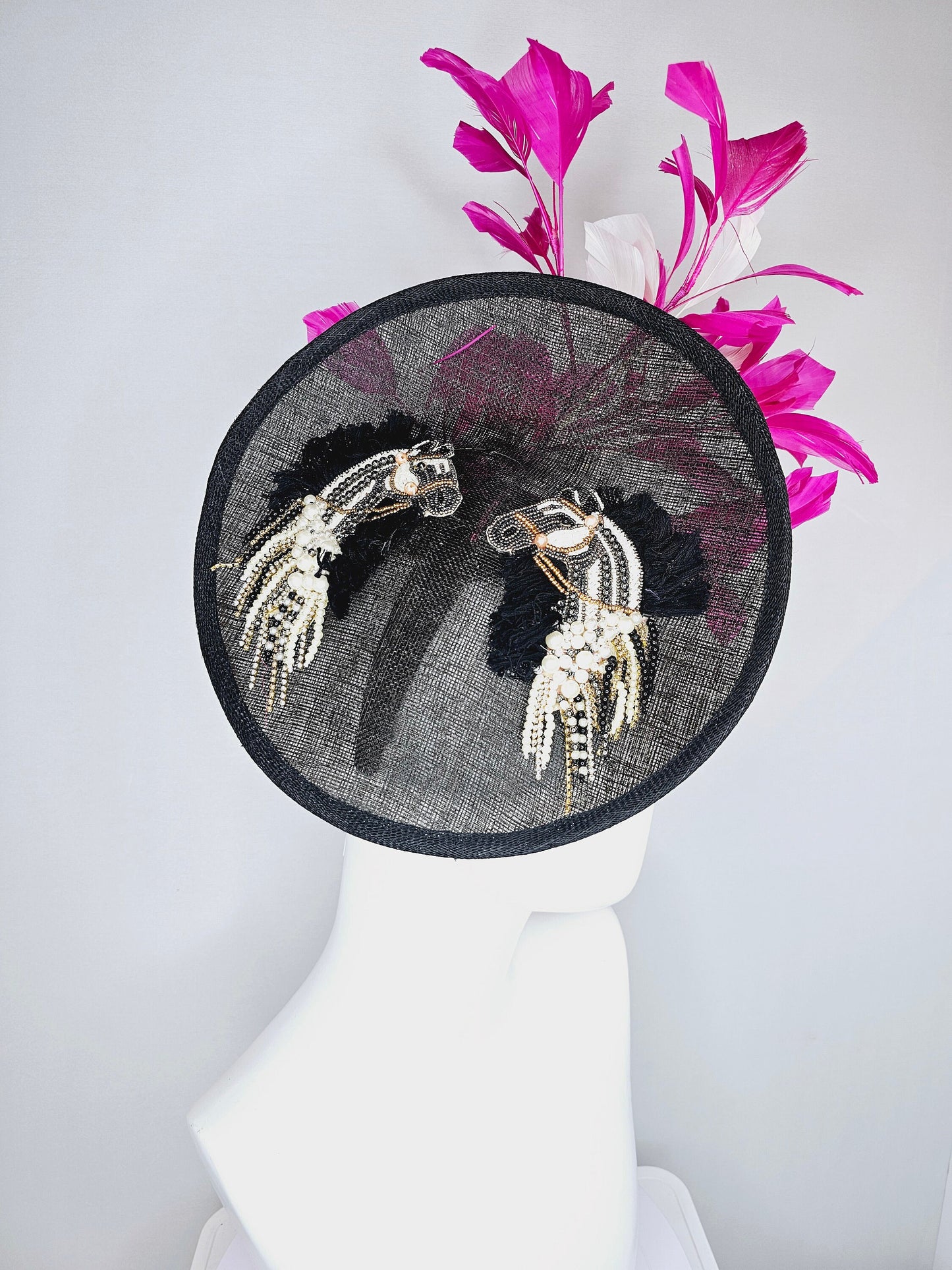 kentucky derby hat fascinator black sinamay saucer with beaded embroidered white black silver horse pink feathers