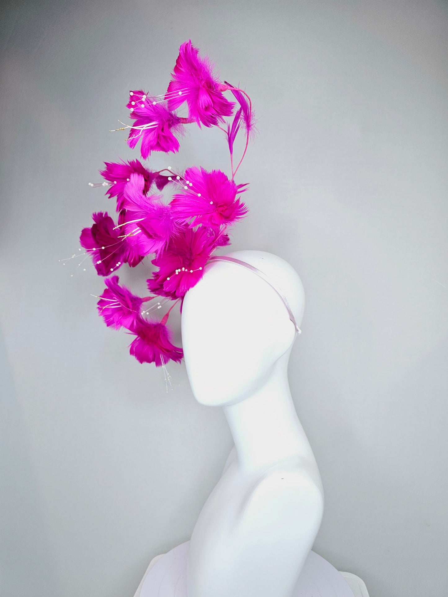 kentucky derby hat fascinator fuchsia bright hot pink two tone branching feather flower headpiece