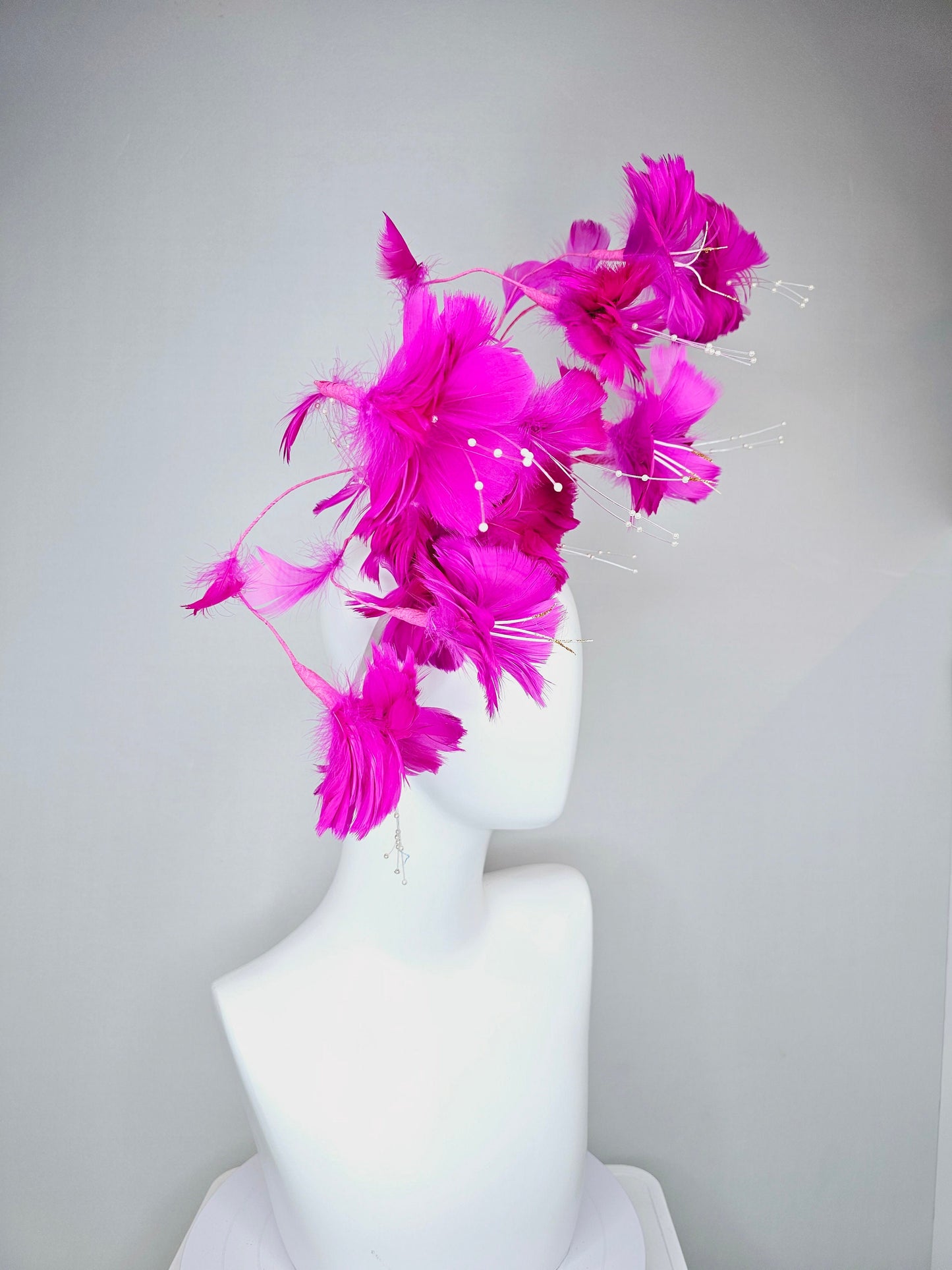 kentucky derby hat fascinator fuchsia bright hot pink two tone branching feather flower headpiece