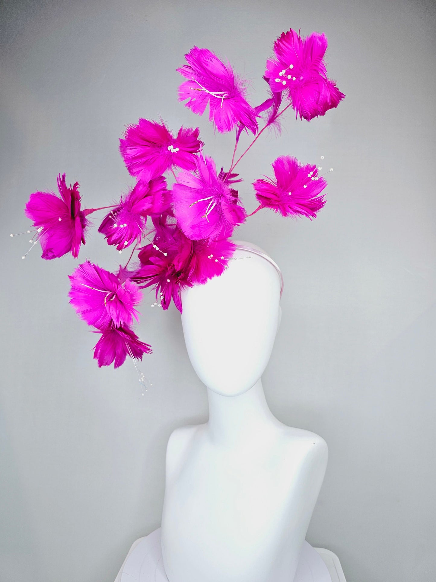 kentucky derby hat fascinator fuchsia bright hot pink two tone branching feather flower headpiece