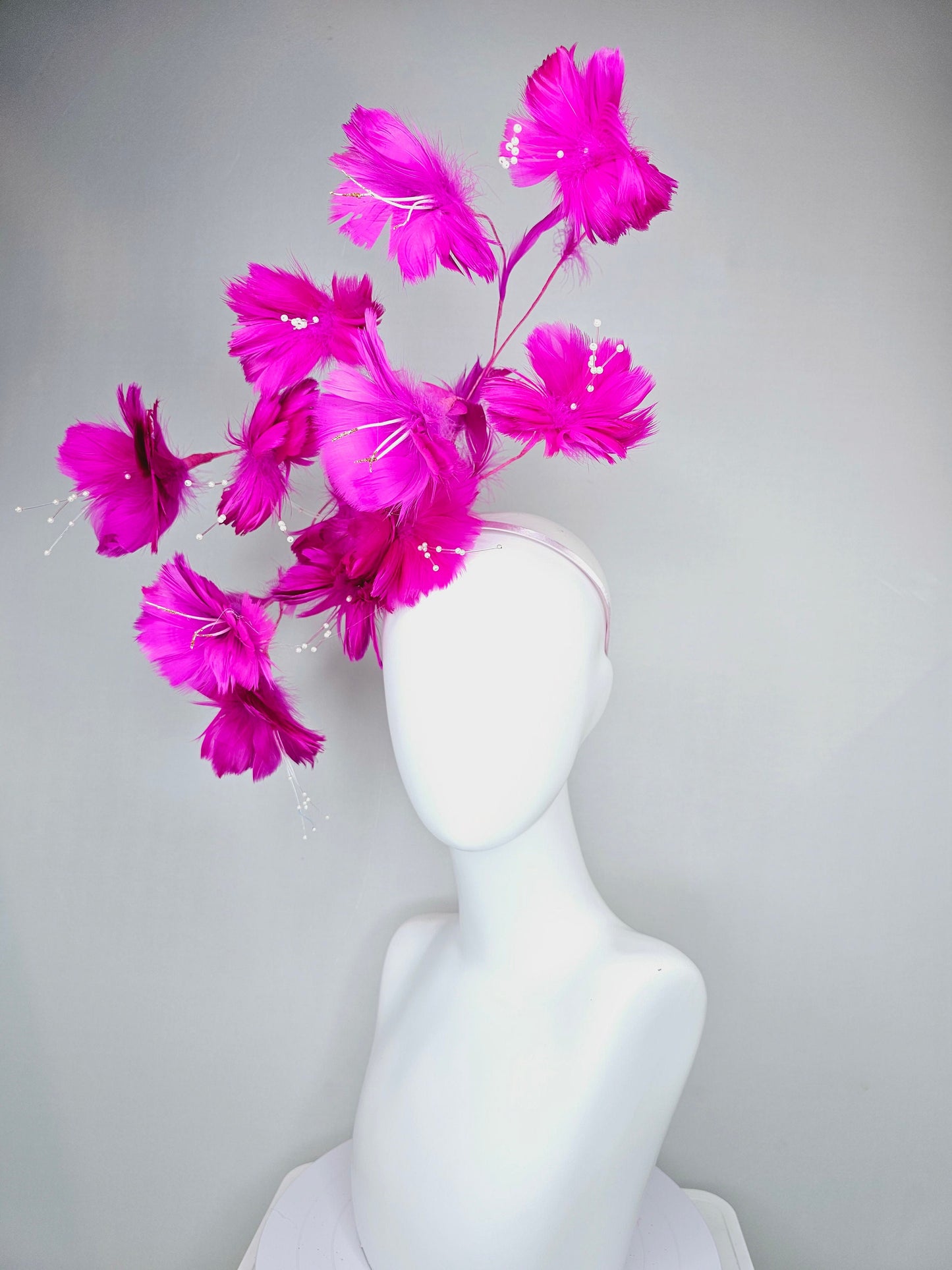 kentucky derby hat fascinator fuchsia bright hot pink two tone branching feather flower headpiece