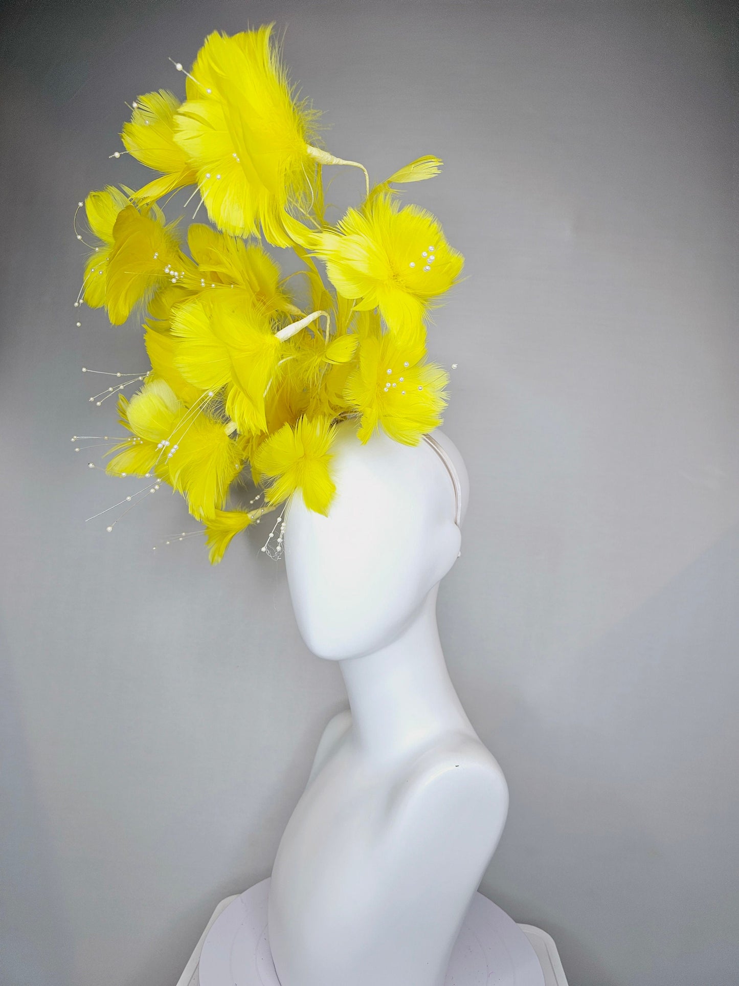 kentucky derby hat fascinator bright yellow branching feather flower headpiece with pearls