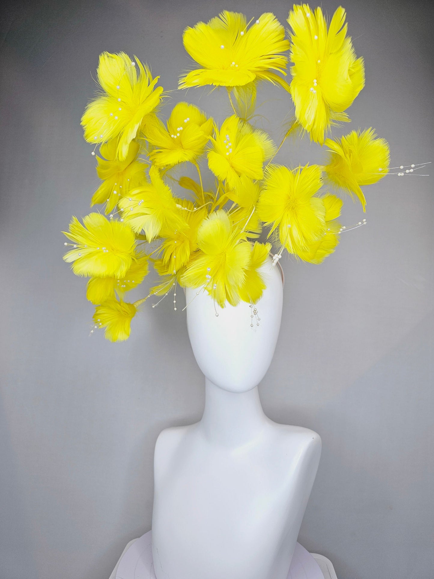 kentucky derby hat fascinator bright yellow branching feather flower headpiece with pearls