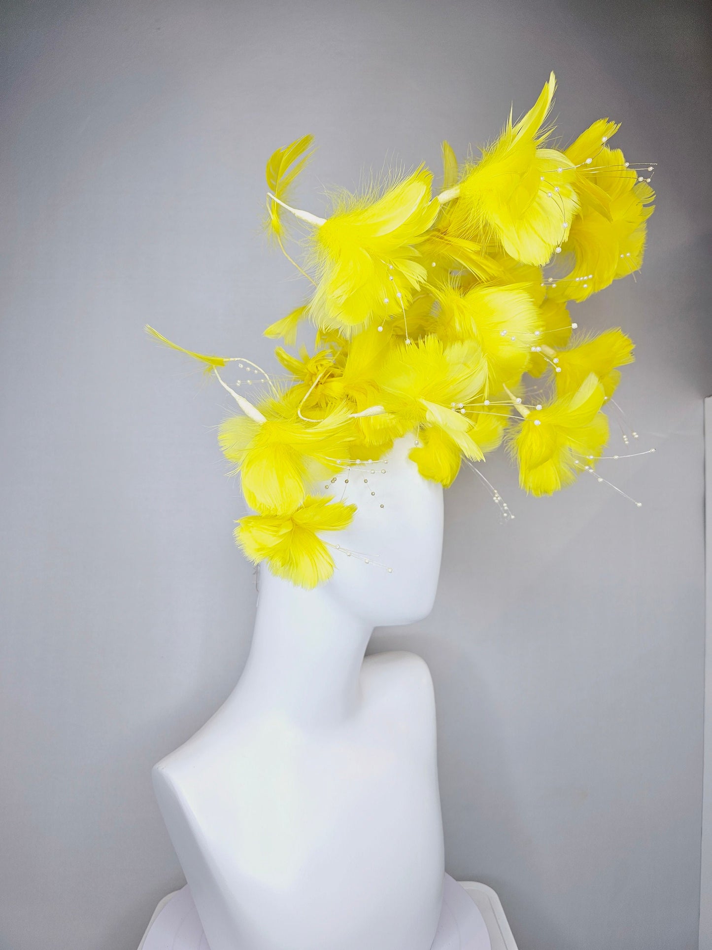 kentucky derby hat fascinator bright yellow branching feather flower headpiece with pearls