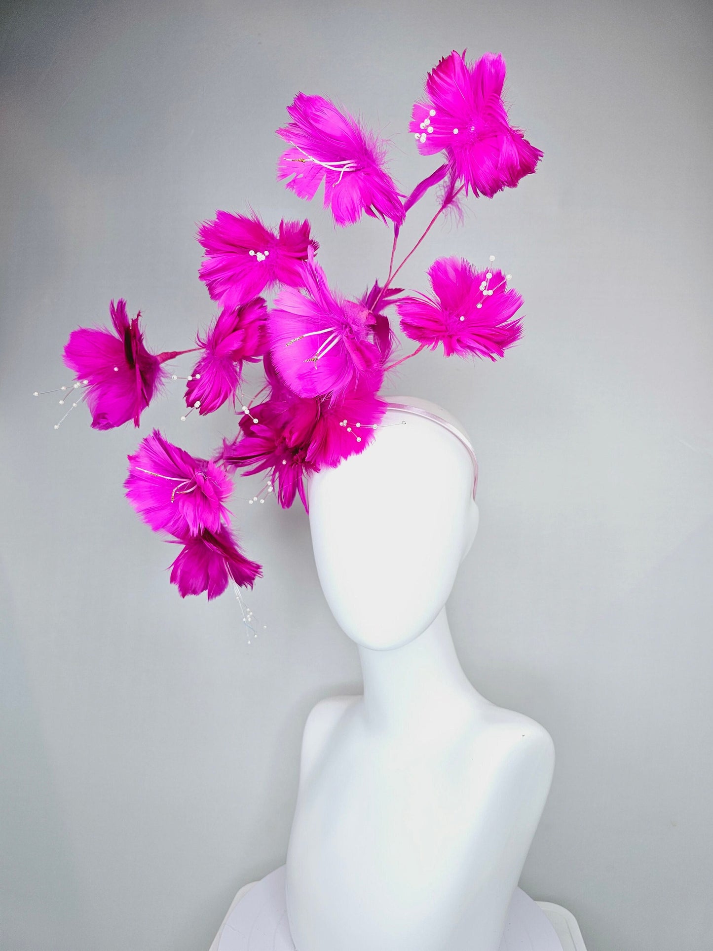 kentucky derby hat fascinator fuchsia bright hot pink two tone branching feather flower headpiece