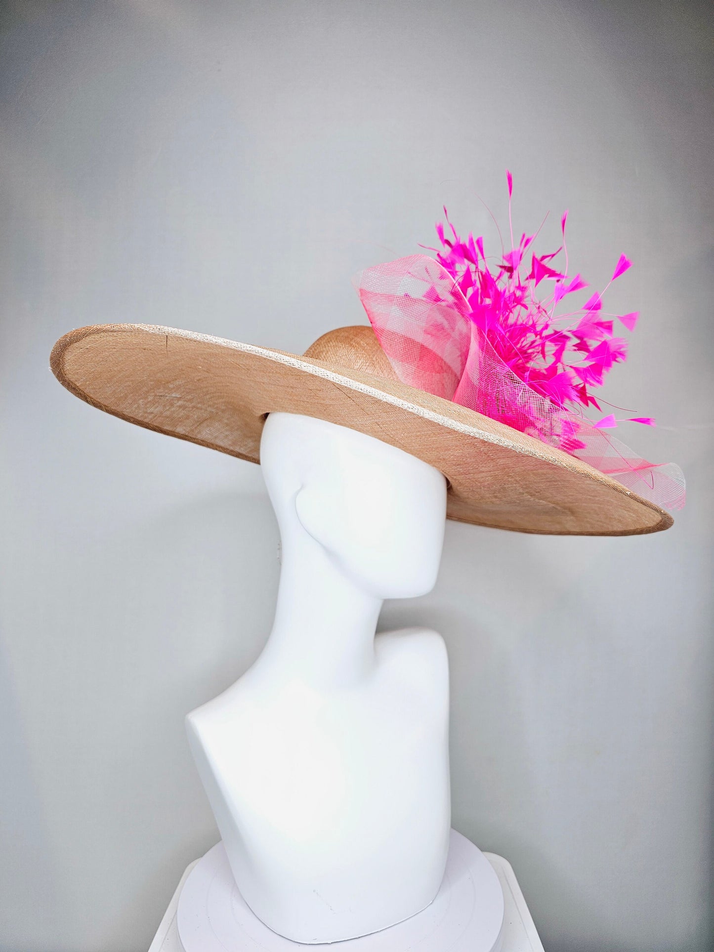 kentucky derby hat large wide brim sinamay neutral taupe beige hat with bright pink feathers, blush pink satin flower w pink plaid crinoline