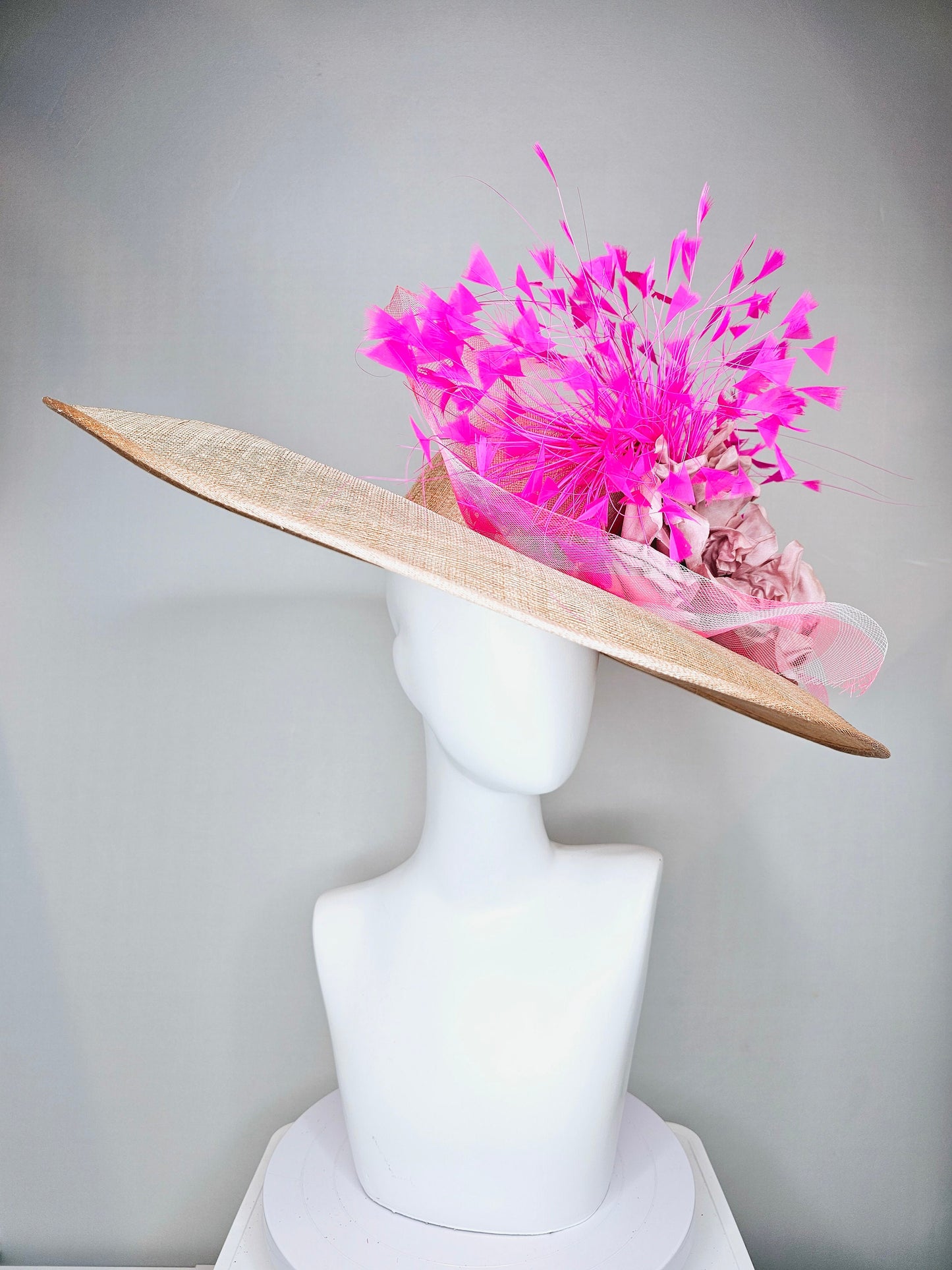 kentucky derby hat large wide brim sinamay neutral taupe beige hat with bright pink feathers, blush pink satin flower w pink plaid crinoline