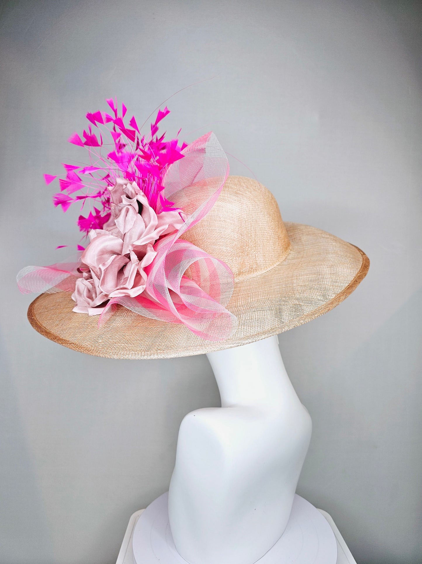 kentucky derby hat large wide brim sinamay neutral taupe beige hat with bright pink feathers, blush pink satin flower w pink plaid crinoline