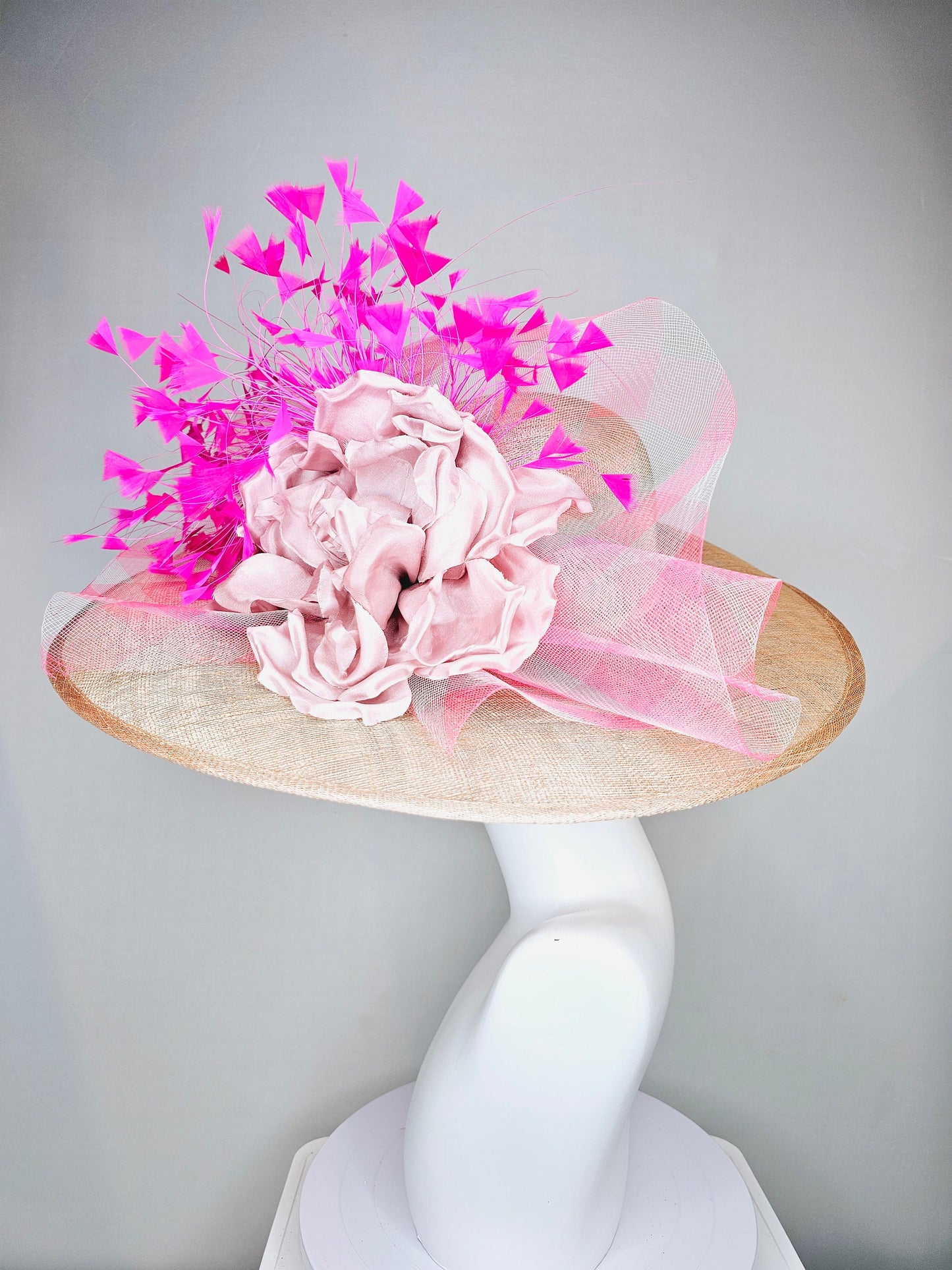 kentucky derby hat large wide brim sinamay neutral taupe beige hat with bright pink feathers, blush pink satin flower w pink plaid crinoline