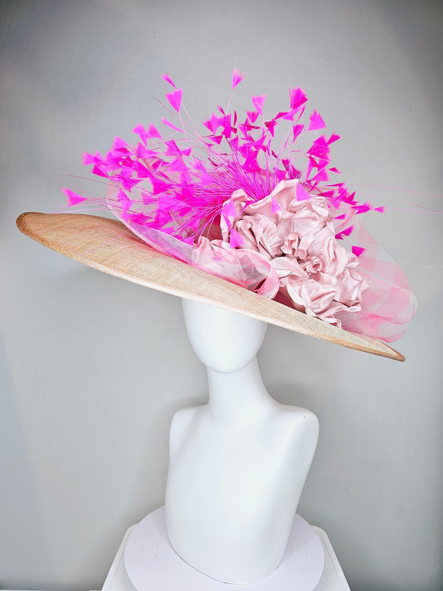 kentucky derby hat large wide brim sinamay neutral taupe beige hat with bright pink feathers, blush pink satin flower w pink plaid crinoline