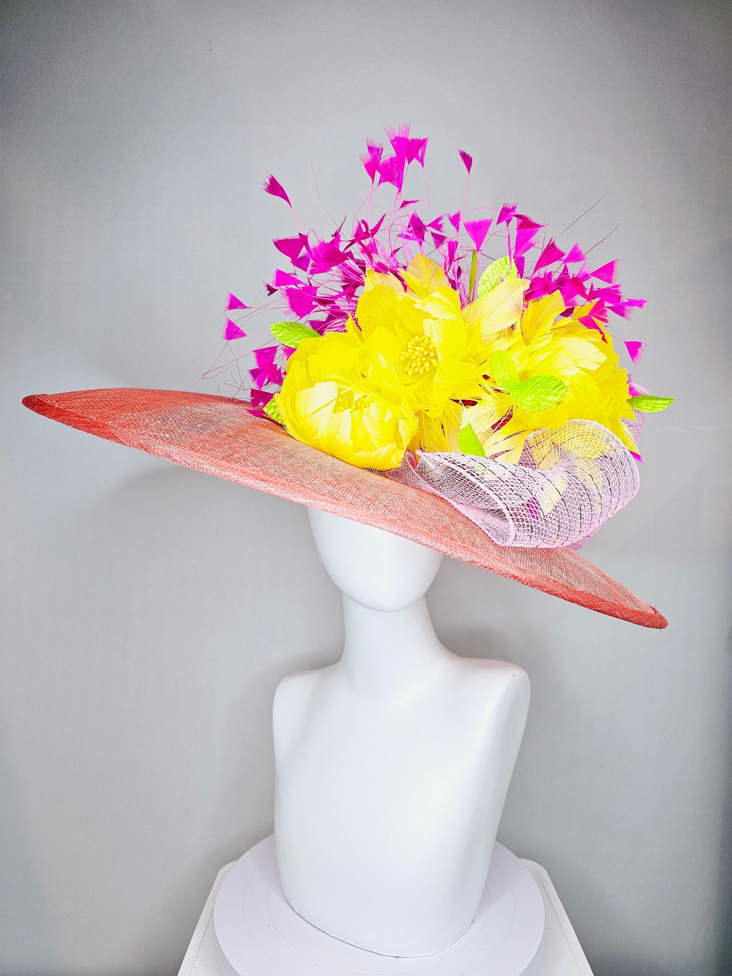 kentucky derby hat large wide brim sinamay coral hat w bright yellow feather flowers and fuchsia feathers with light pink crinoline