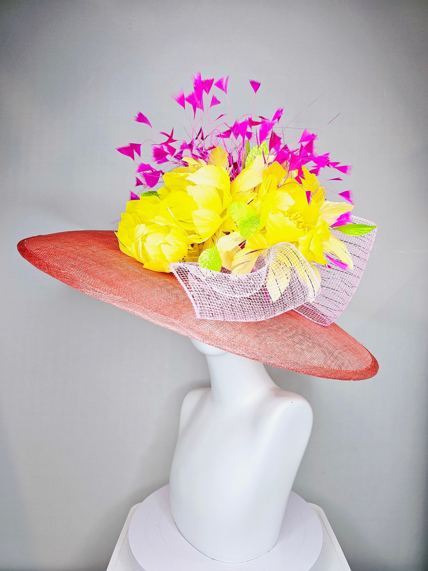 kentucky derby hat large wide brim sinamay coral hat w bright yellow feather flowers and fuchsia feathers with light pink crinoline