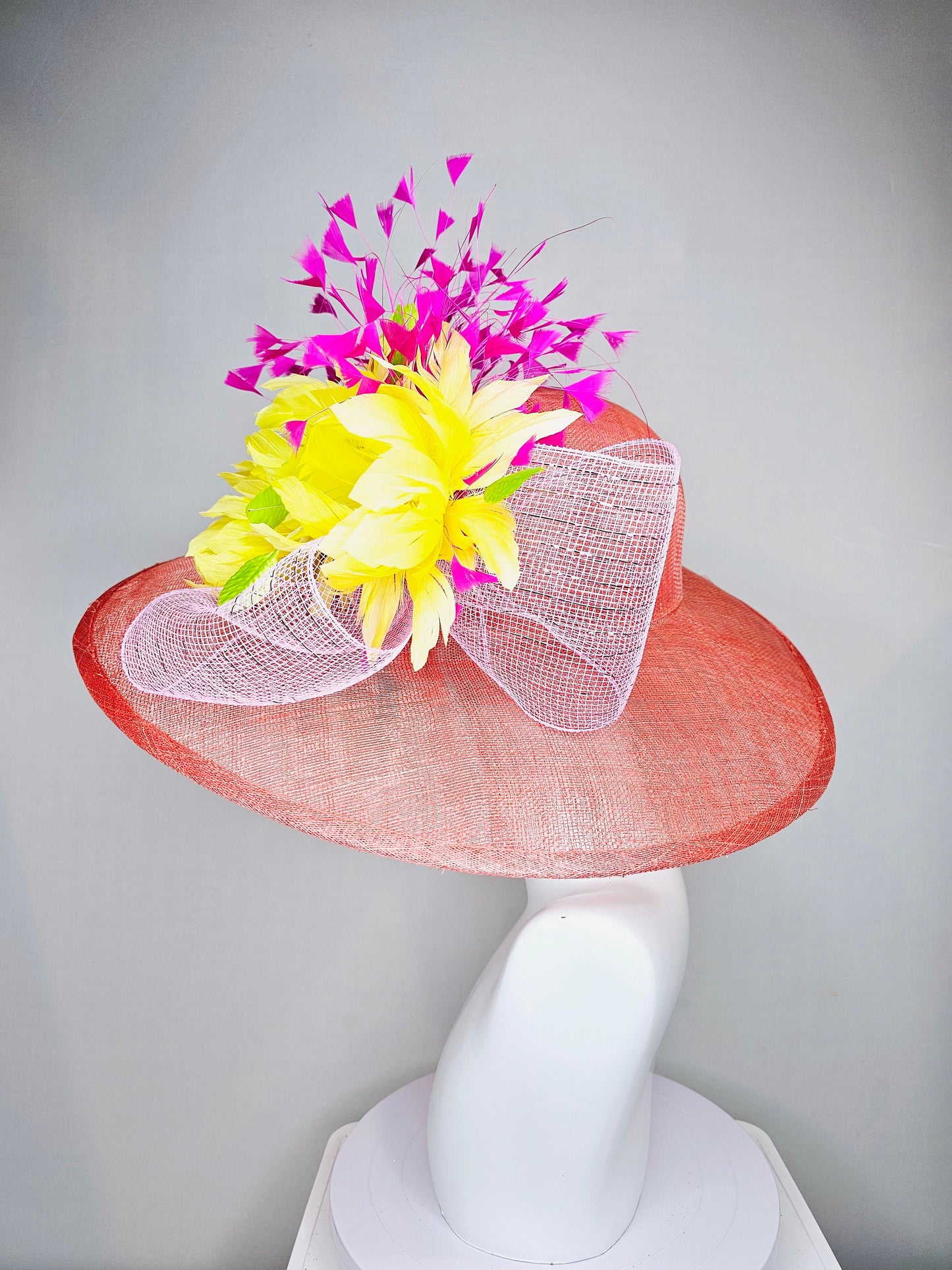 kentucky derby hat large wide brim sinamay coral hat w bright yellow feather flowers and fuchsia feathers with light pink crinoline