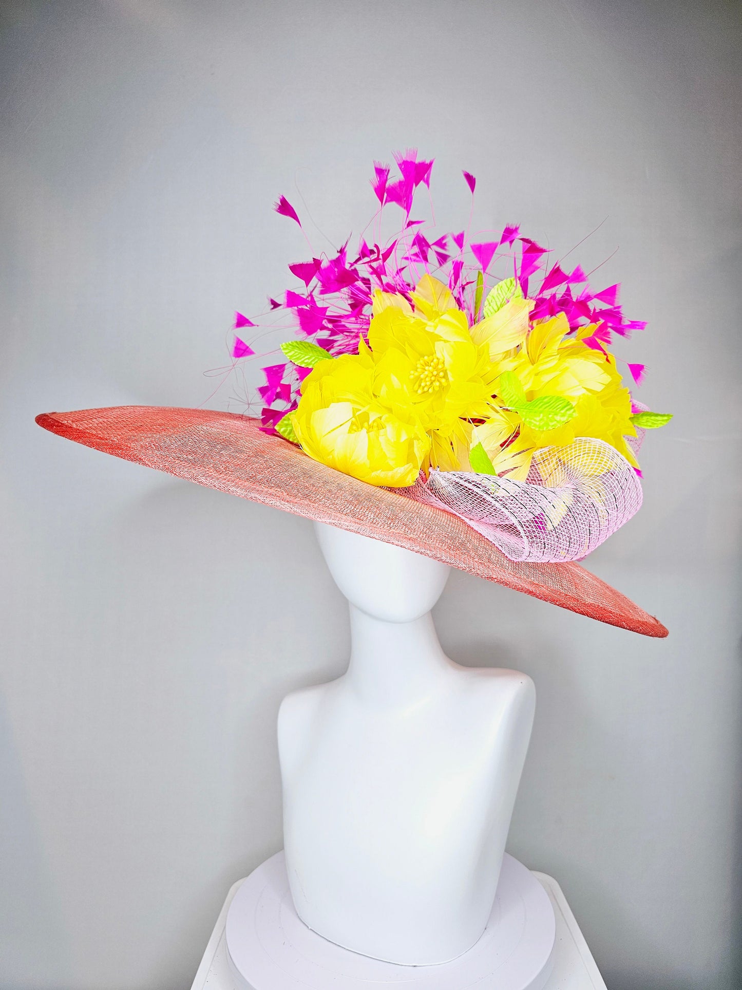 kentucky derby hat large wide brim sinamay coral hat w bright yellow feather flowers and fuchsia feathers with light pink crinoline