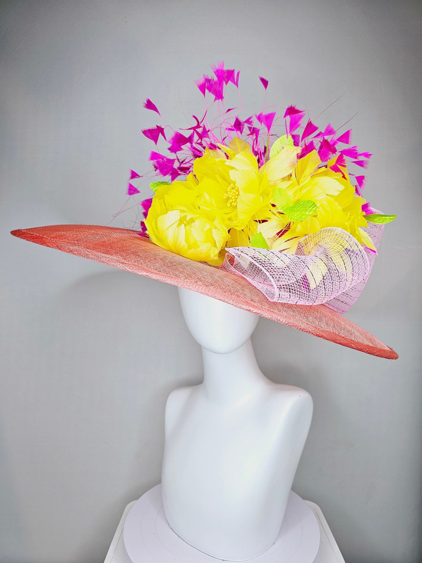 kentucky derby hat large wide brim sinamay coral hat w bright yellow feather flowers and fuchsia feathers with light pink crinoline