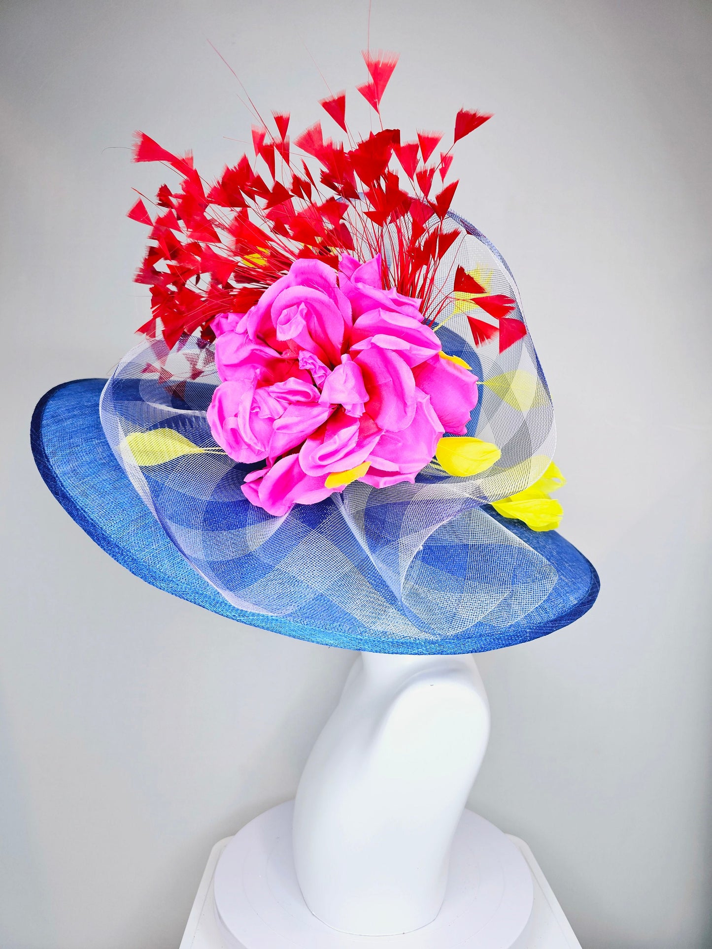 kentucky derby hat large wide brim sinamay royal blue hat with red and yellow feathers, bright pink satin flower w gingham plaid crinoline