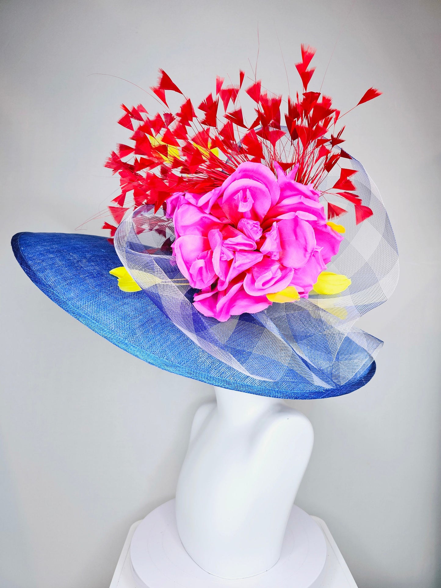 kentucky derby hat large wide brim sinamay royal blue hat with red and yellow feathers, bright pink satin flower w gingham plaid crinoline