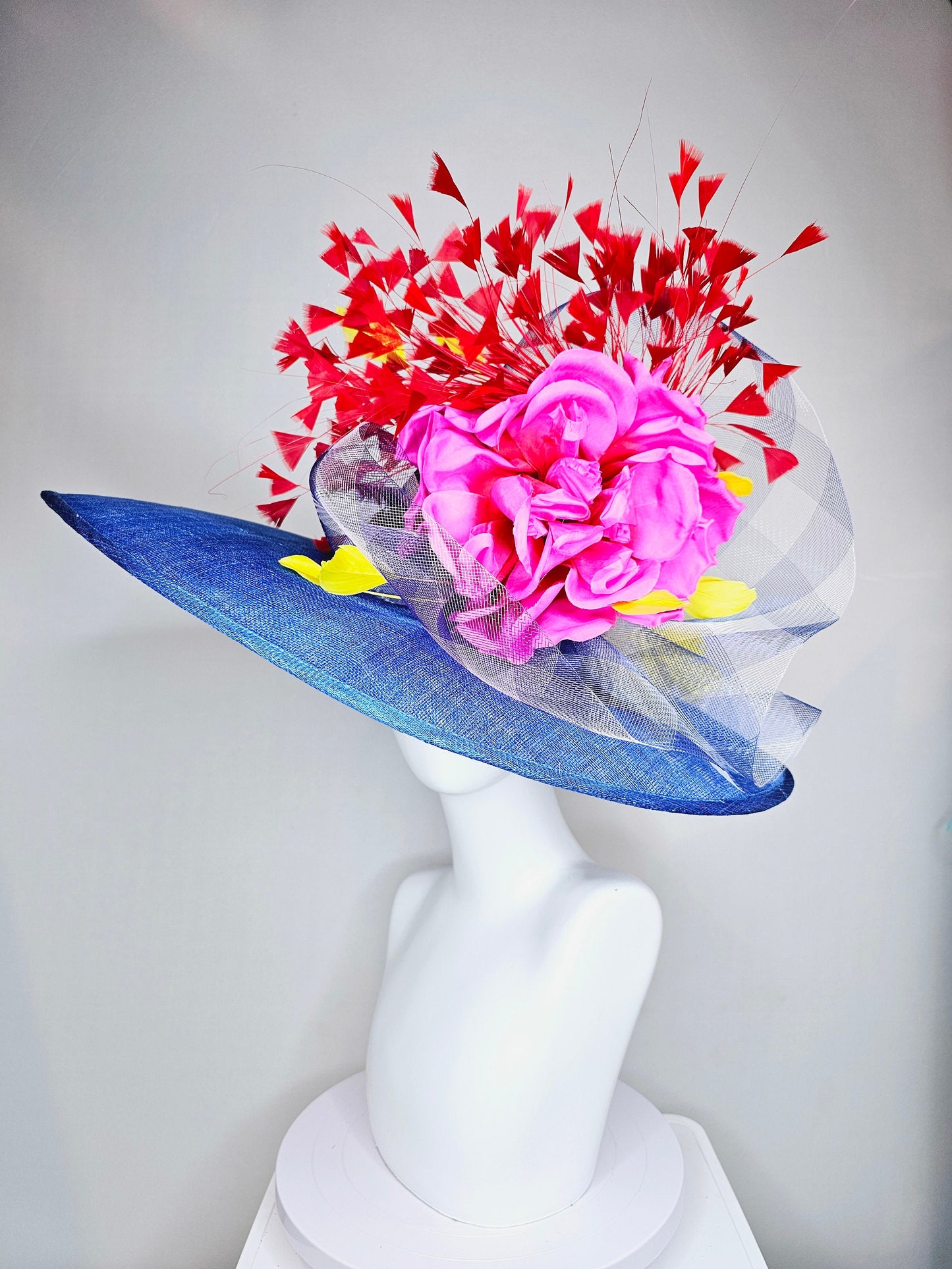 kentucky derby hat large wide brim sinamay royal blue hat with red and yellow feathers, bright pink satin flower w gingham plaid crinoline