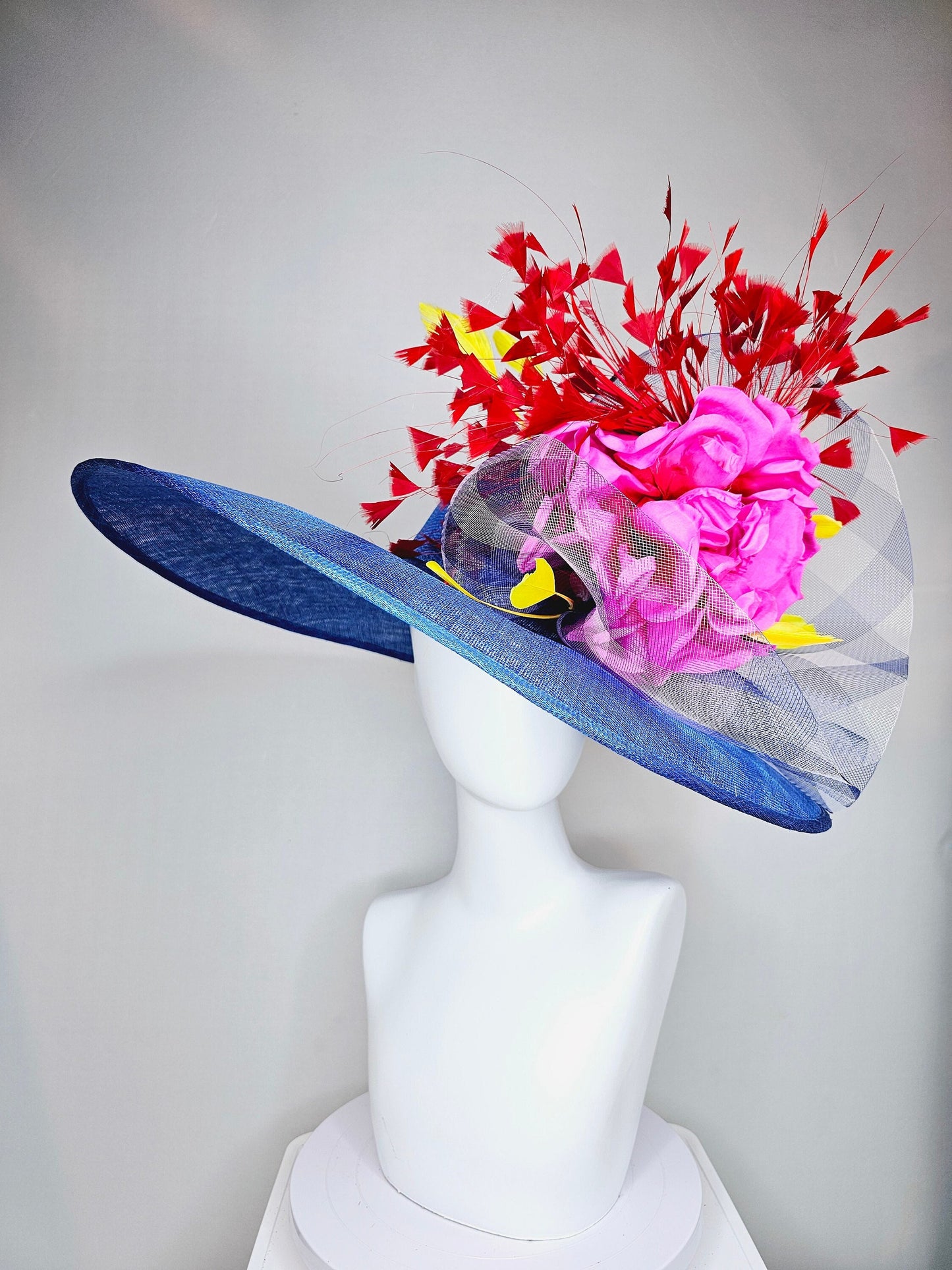 kentucky derby hat large wide brim sinamay royal blue hat with red and yellow feathers, bright pink satin flower w gingham plaid crinoline