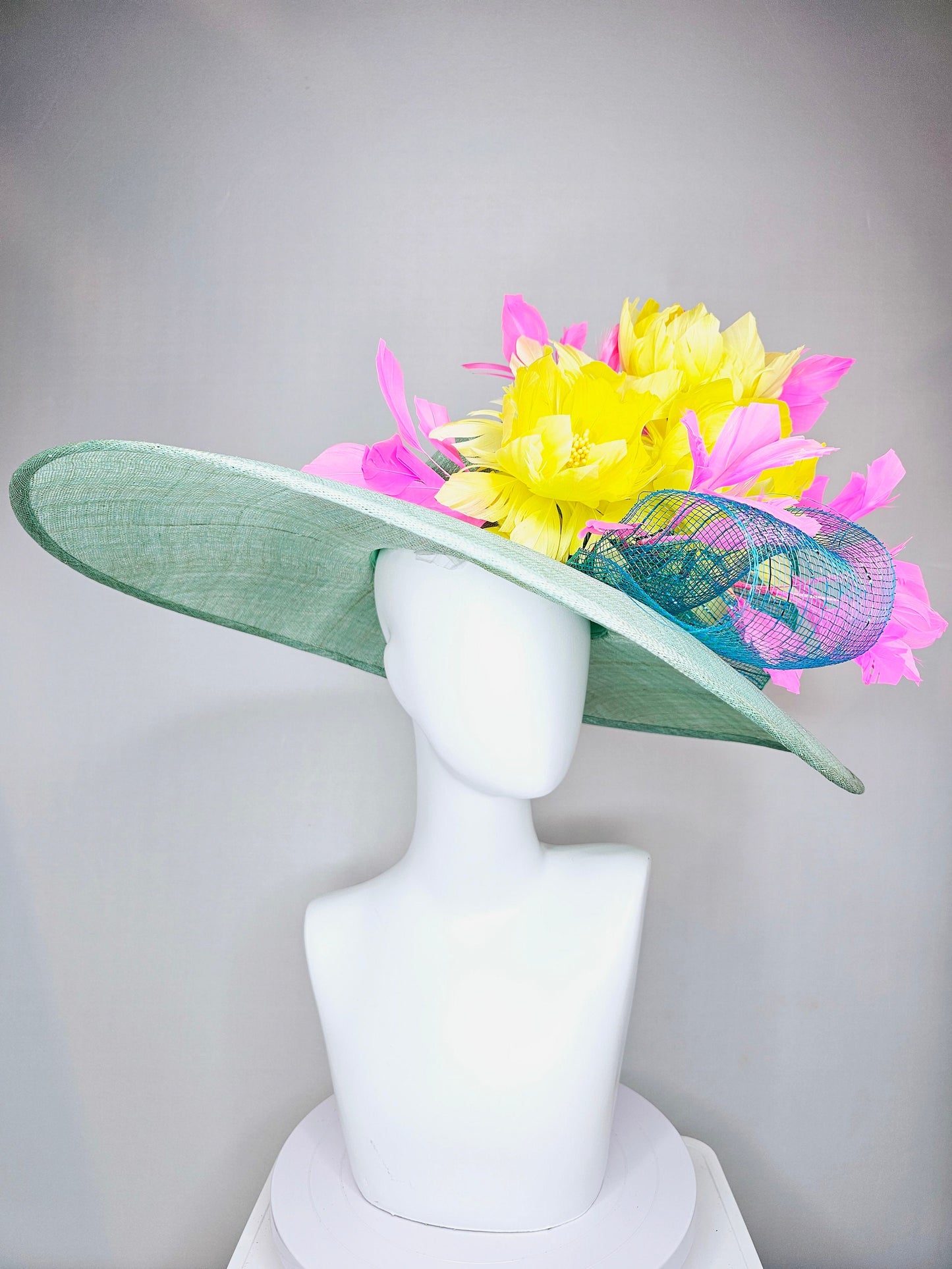 kentucky derby hat large wide brim sinamay teal blue green hat w bright yellow feather flowers and pink feathers with teal blue crinoline