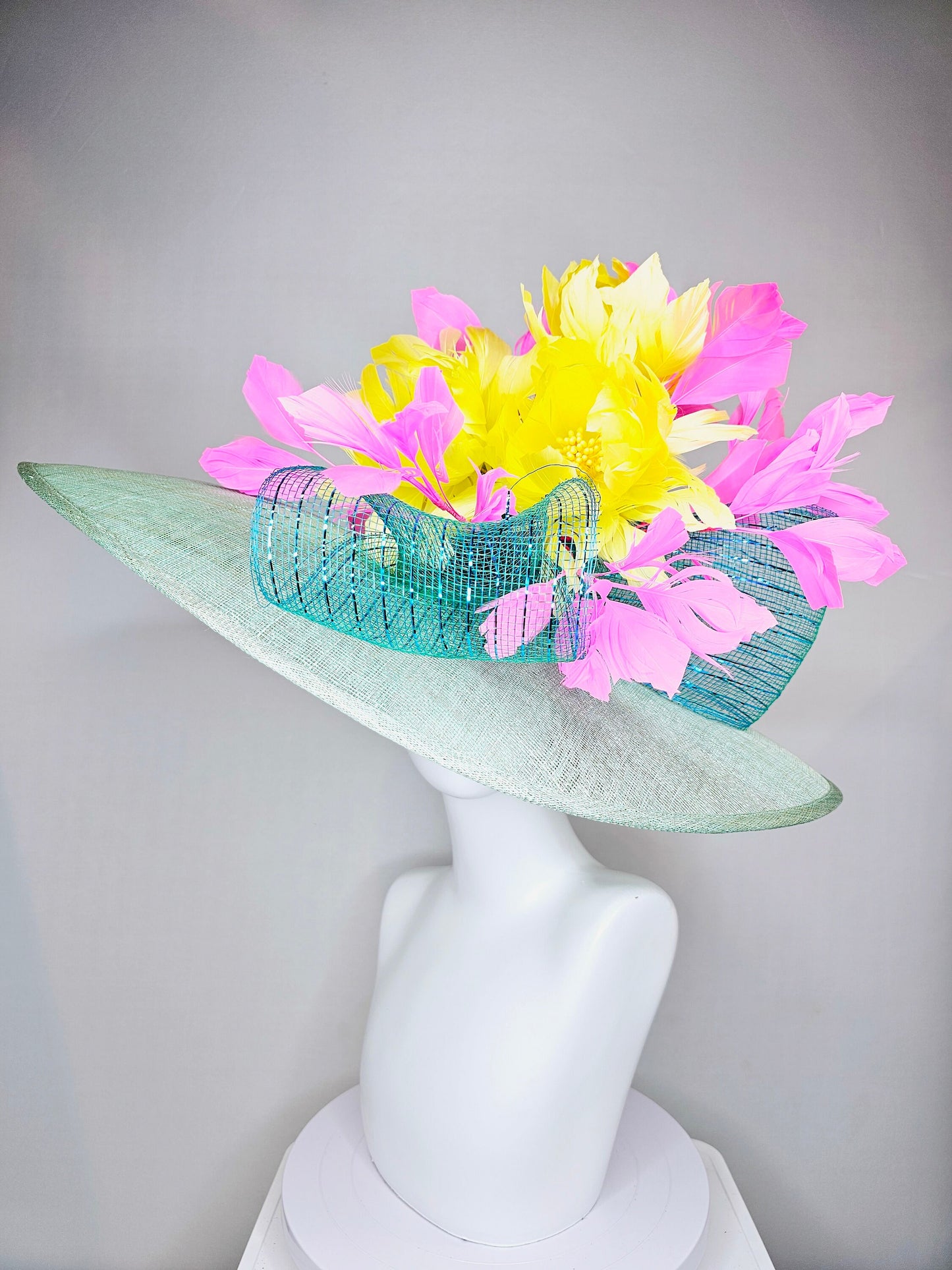 kentucky derby hat large wide brim sinamay teal blue green hat w bright yellow feather flowers and pink feathers with teal blue crinoline