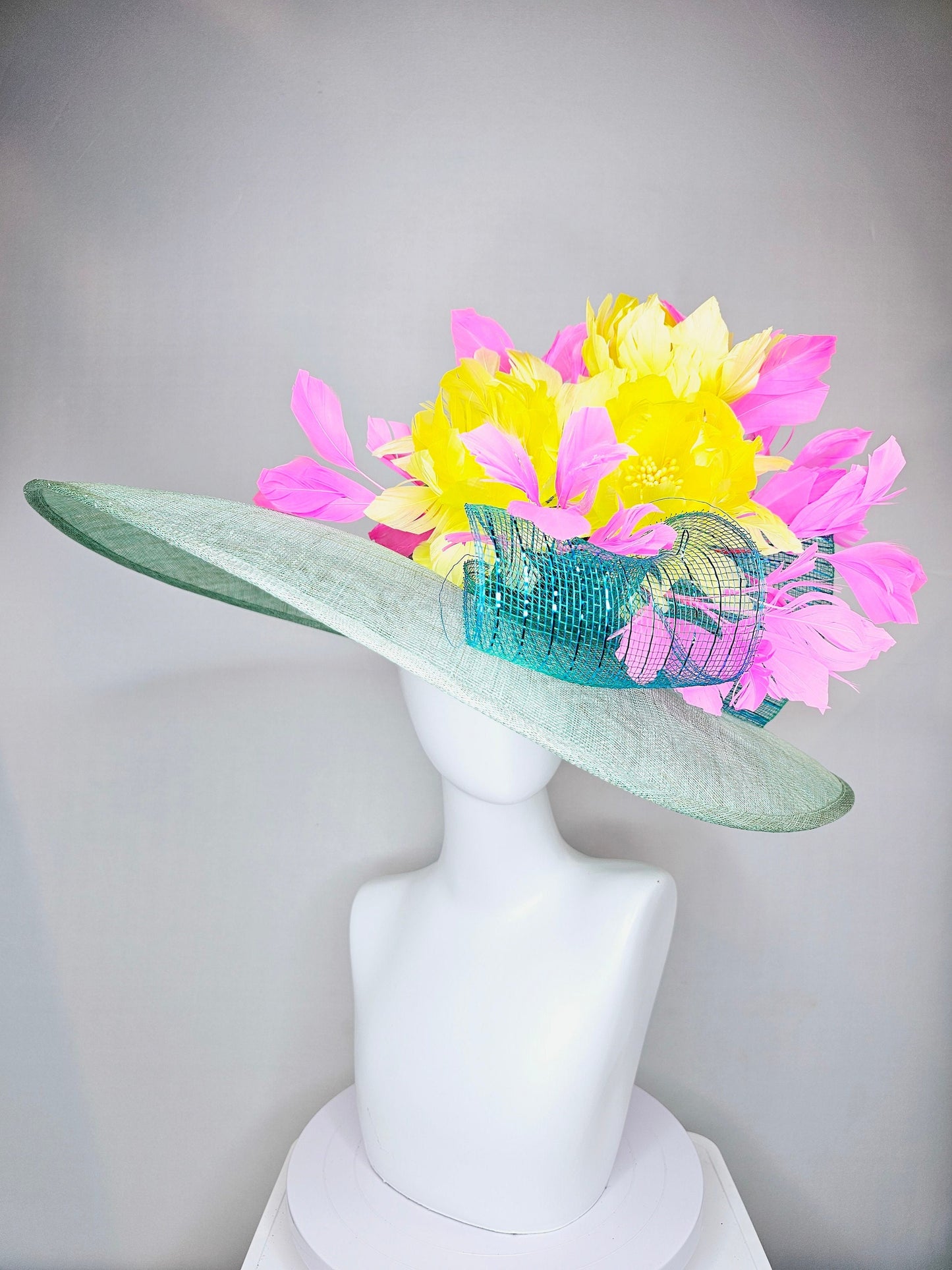 kentucky derby hat large wide brim sinamay teal blue green hat w bright yellow feather flowers and pink feathers with teal blue crinoline