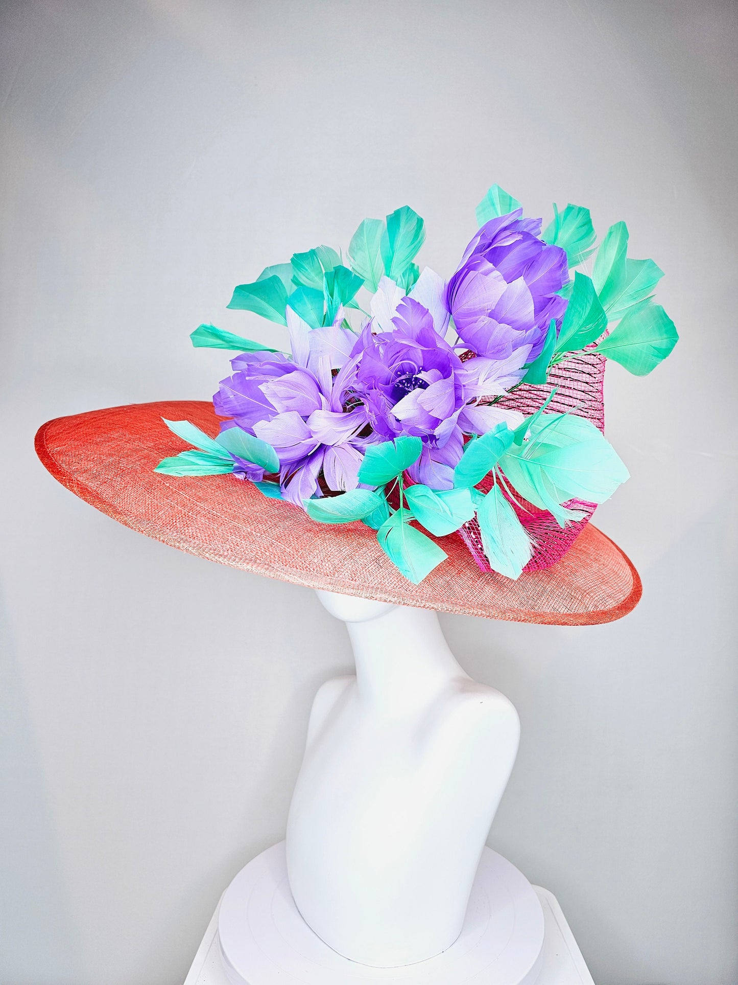 kentucky derby hat large wide brim sinamay orange coral hat with green feathers and purple fluffy feather flowers w pink crinoline