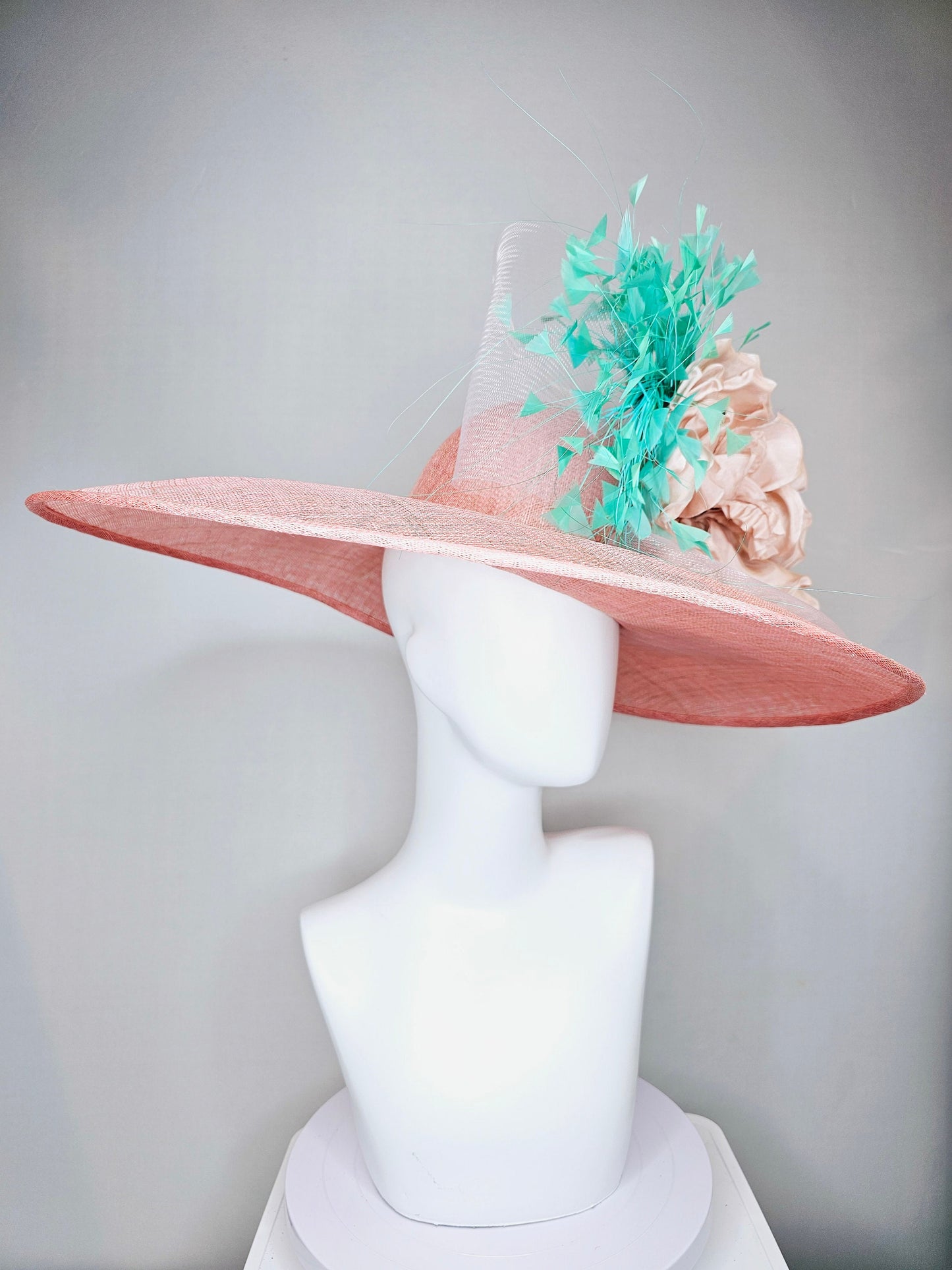 kentucky derby hat large wide brim sinamay blush pink hat with blush pink satin flower,green turquoise feathers and light pink crinoline