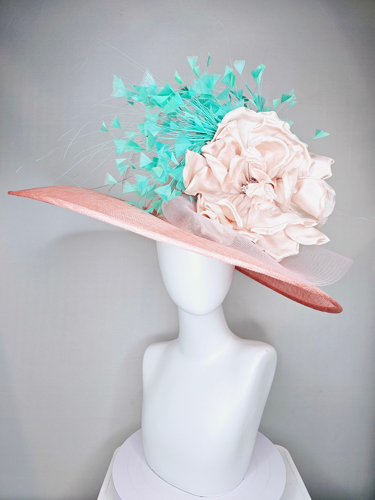 kentucky derby hat large wide brim sinamay blush pink hat with blush pink satin flower,green turquoise feathers and light pink crinoline