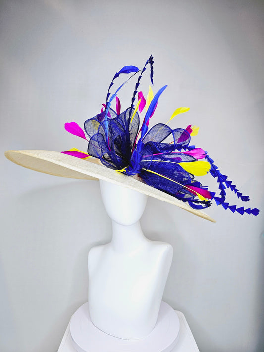 kentucky derby hat wide brim ivory white sinamay with royal blue sinamay bow with hot pink fuchsia and yellow feathers w long blue feathers