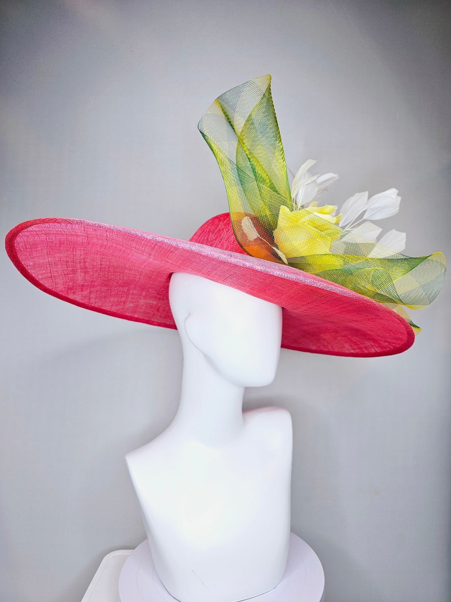 kentucky derby hat large wide brim sinamay coral pink hat with yellow satin flower and white feathers,yellow green gingham plaid crinoline