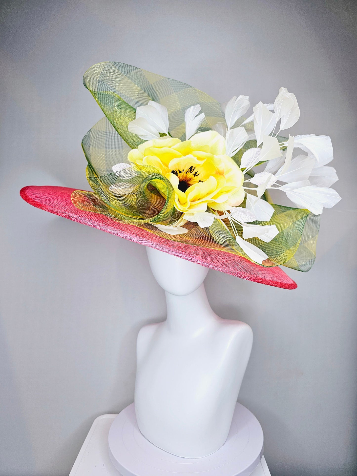 kentucky derby hat large wide brim sinamay coral pink hat with yellow satin flower and white feathers,yellow green gingham plaid crinoline