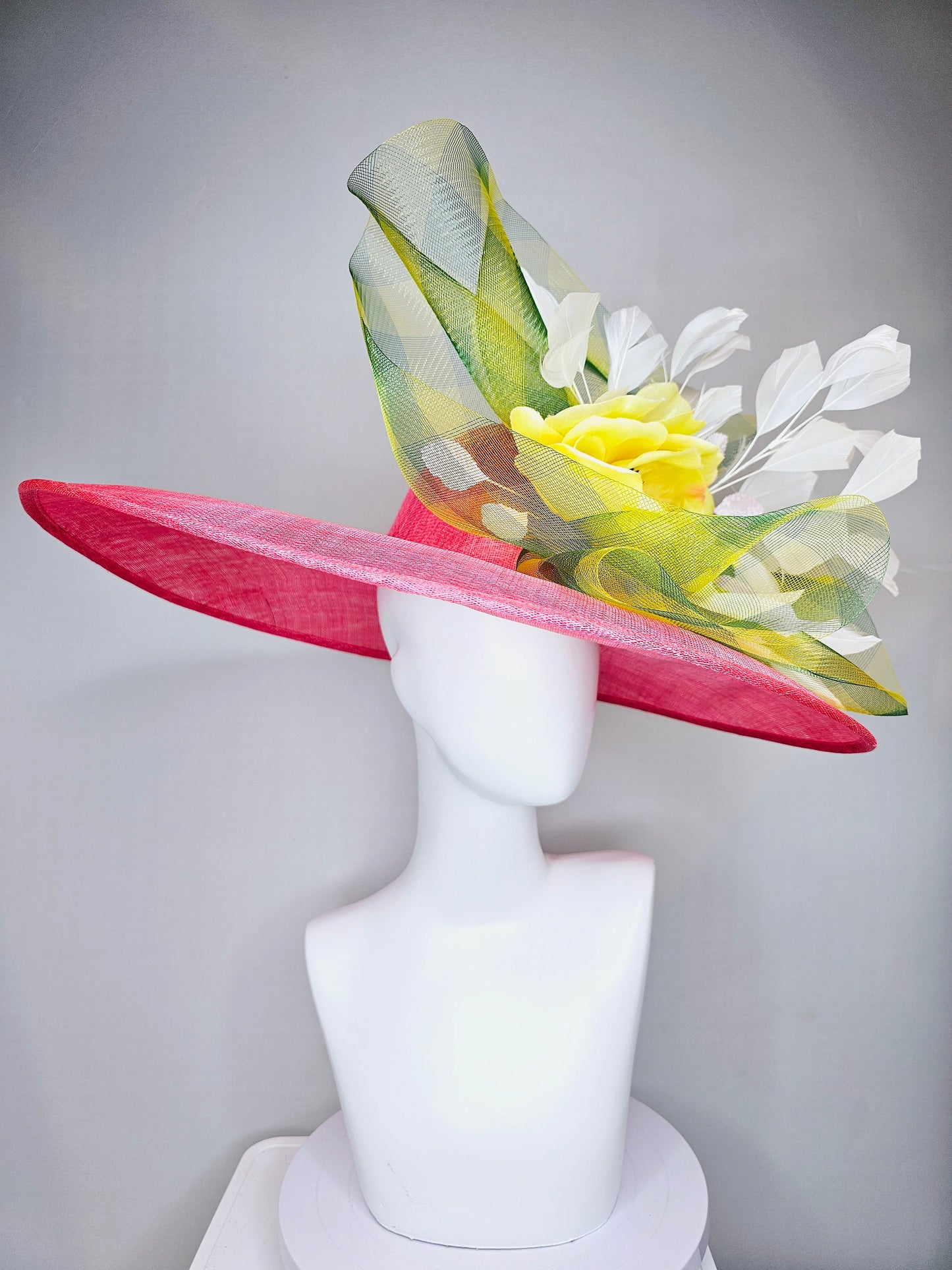 kentucky derby hat large wide brim sinamay coral pink hat with yellow satin flower and white feathers,yellow green gingham plaid crinoline