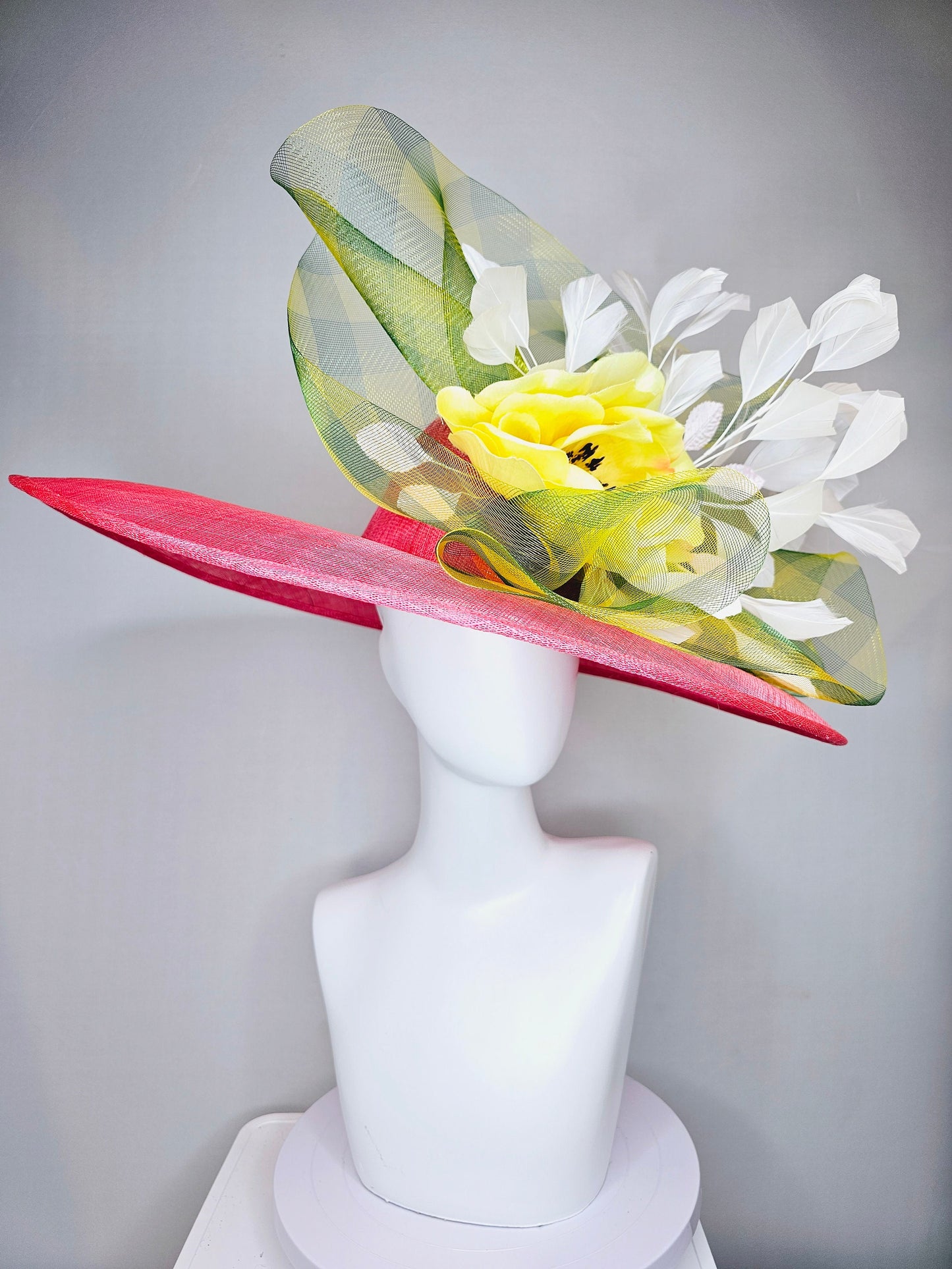 kentucky derby hat large wide brim sinamay coral pink hat with yellow satin flower and white feathers,yellow green gingham plaid crinoline