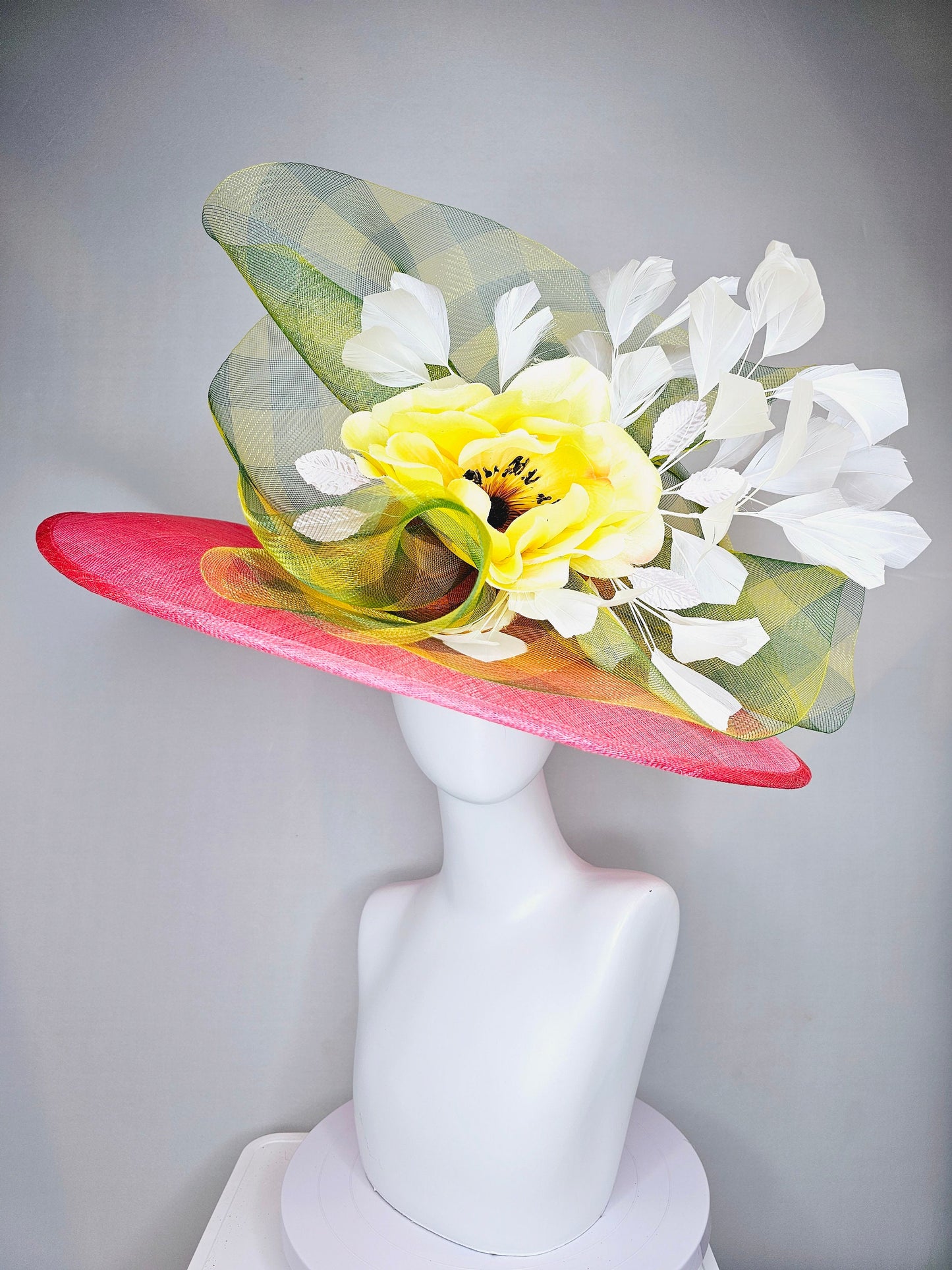 kentucky derby hat large wide brim sinamay coral pink hat with yellow satin flower and white feathers,yellow green gingham plaid crinoline