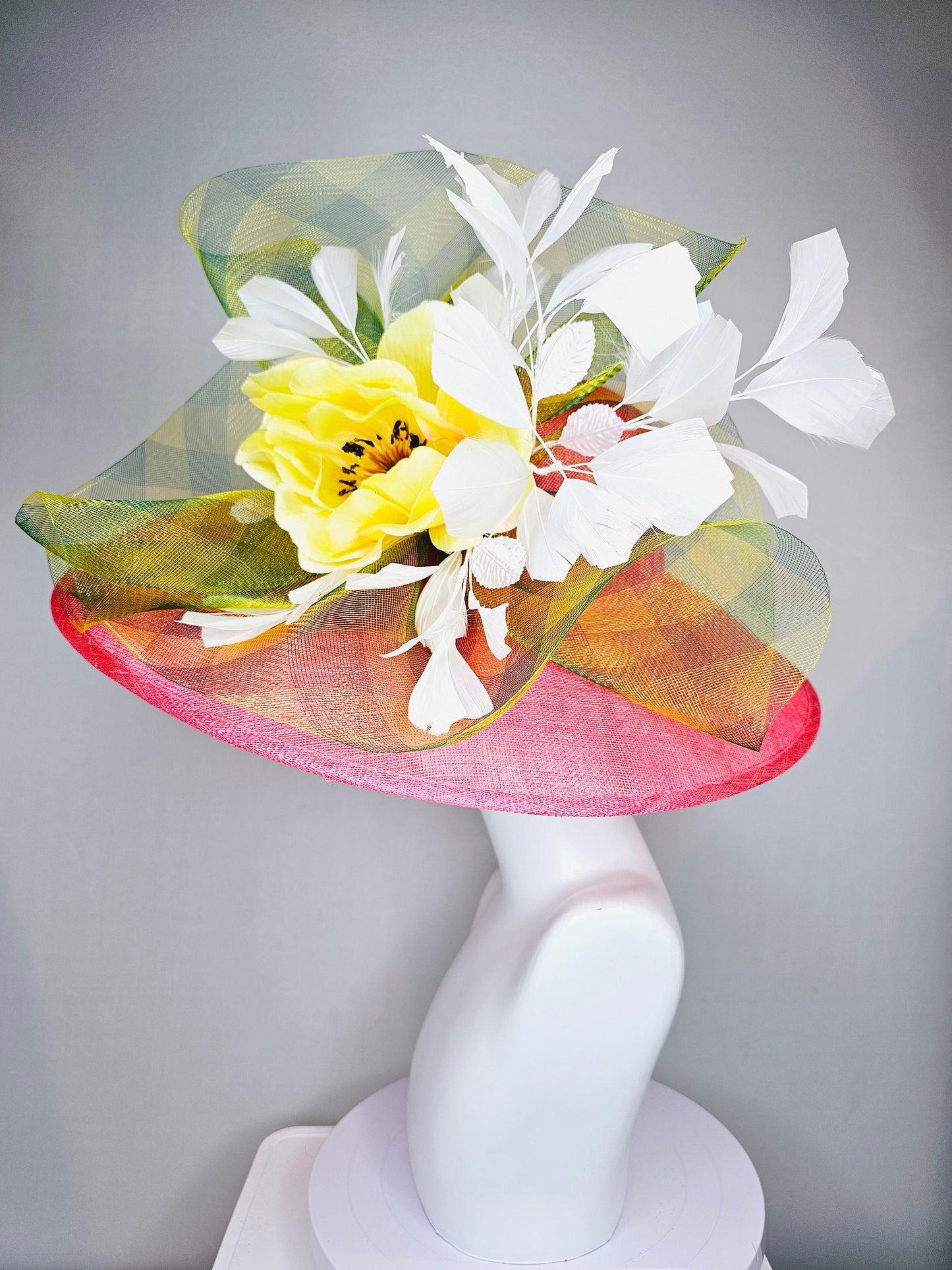 kentucky derby hat large wide brim sinamay coral pink hat with yellow satin flower and white feathers,yellow green gingham plaid crinoline