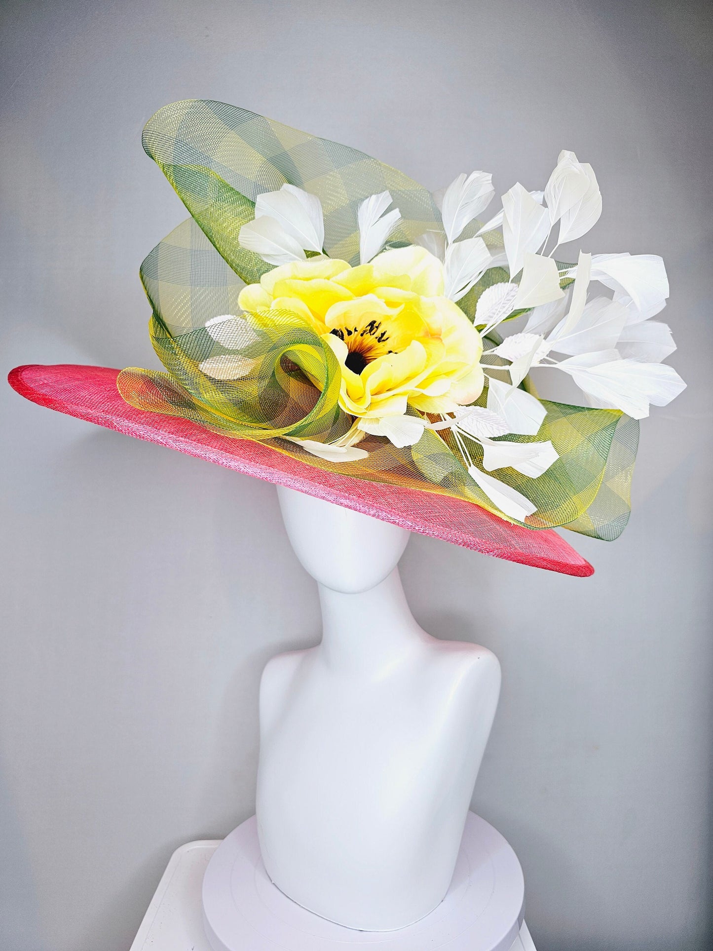 kentucky derby hat large wide brim sinamay coral pink hat with yellow satin flower and white feathers,yellow green gingham plaid crinoline