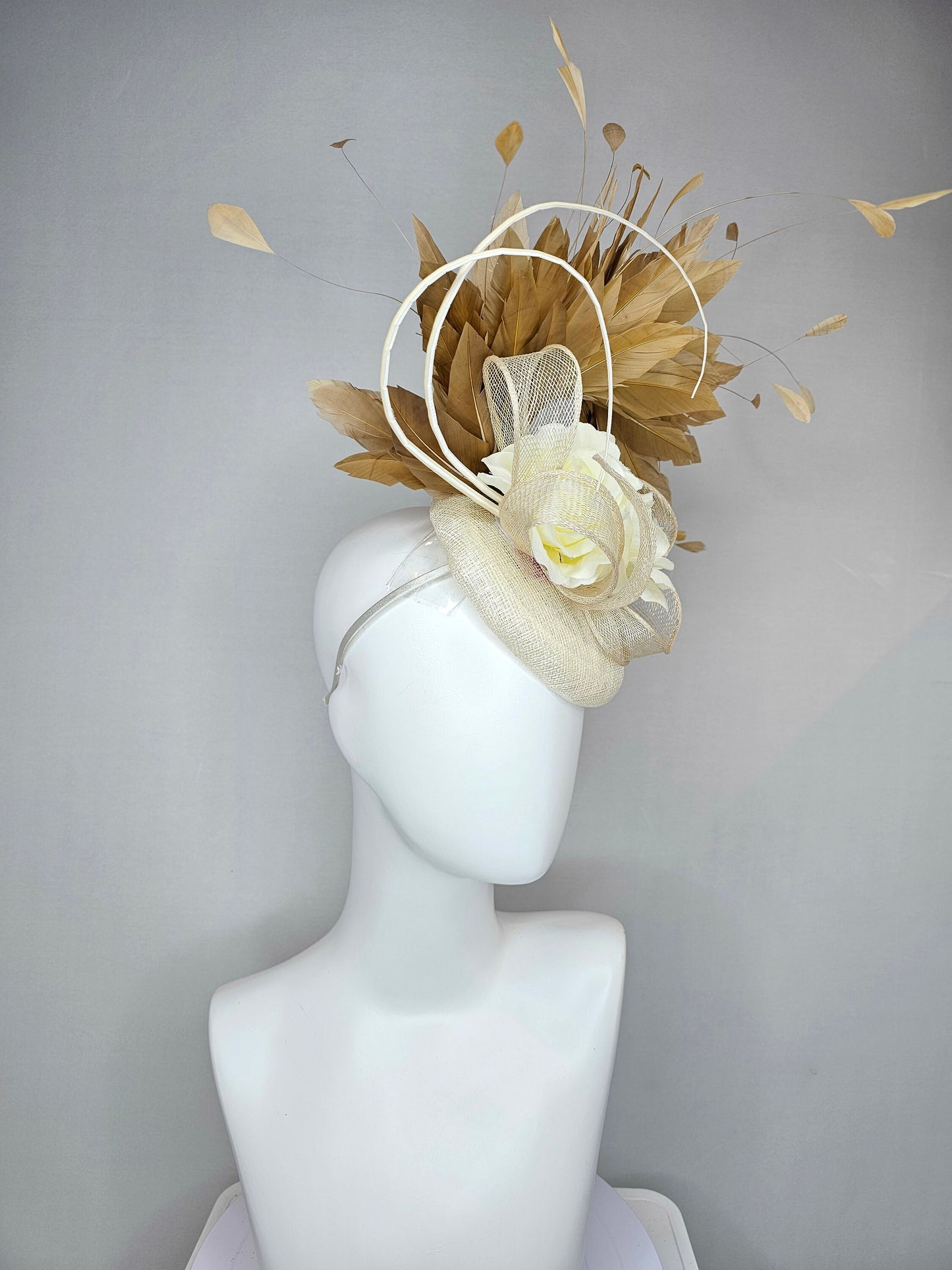 kentucky derby hat fascinator ivory beige sinamay with ivory blush flower and curls with gold taupe feathers