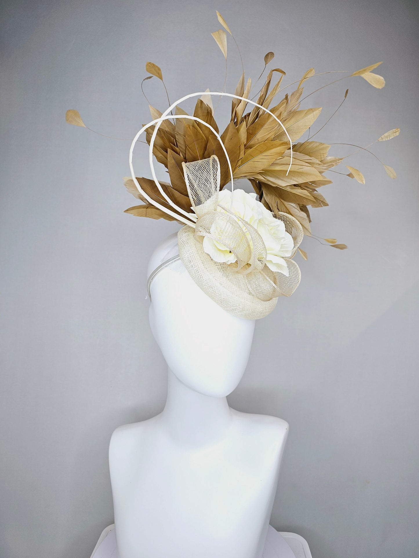 kentucky derby hat fascinator ivory beige sinamay with ivory blush flower and curls with gold taupe feathers